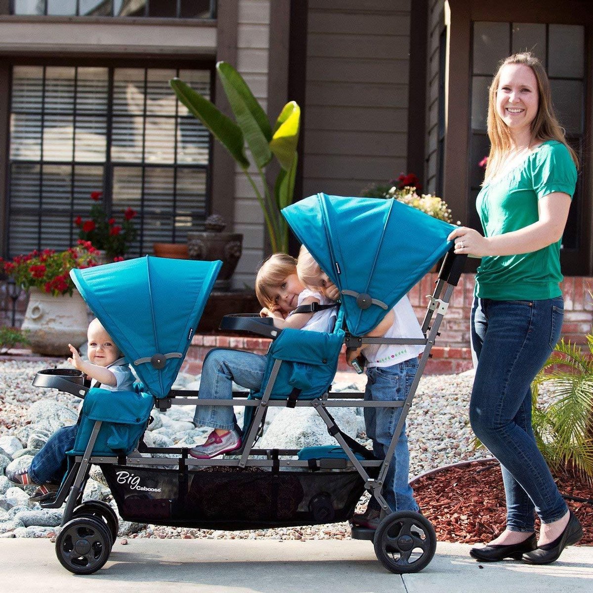 Joovy Big Caboose Graphite - Triple Kinderwagen - drie kinderen wandelwagen - turquoise (Outlet)