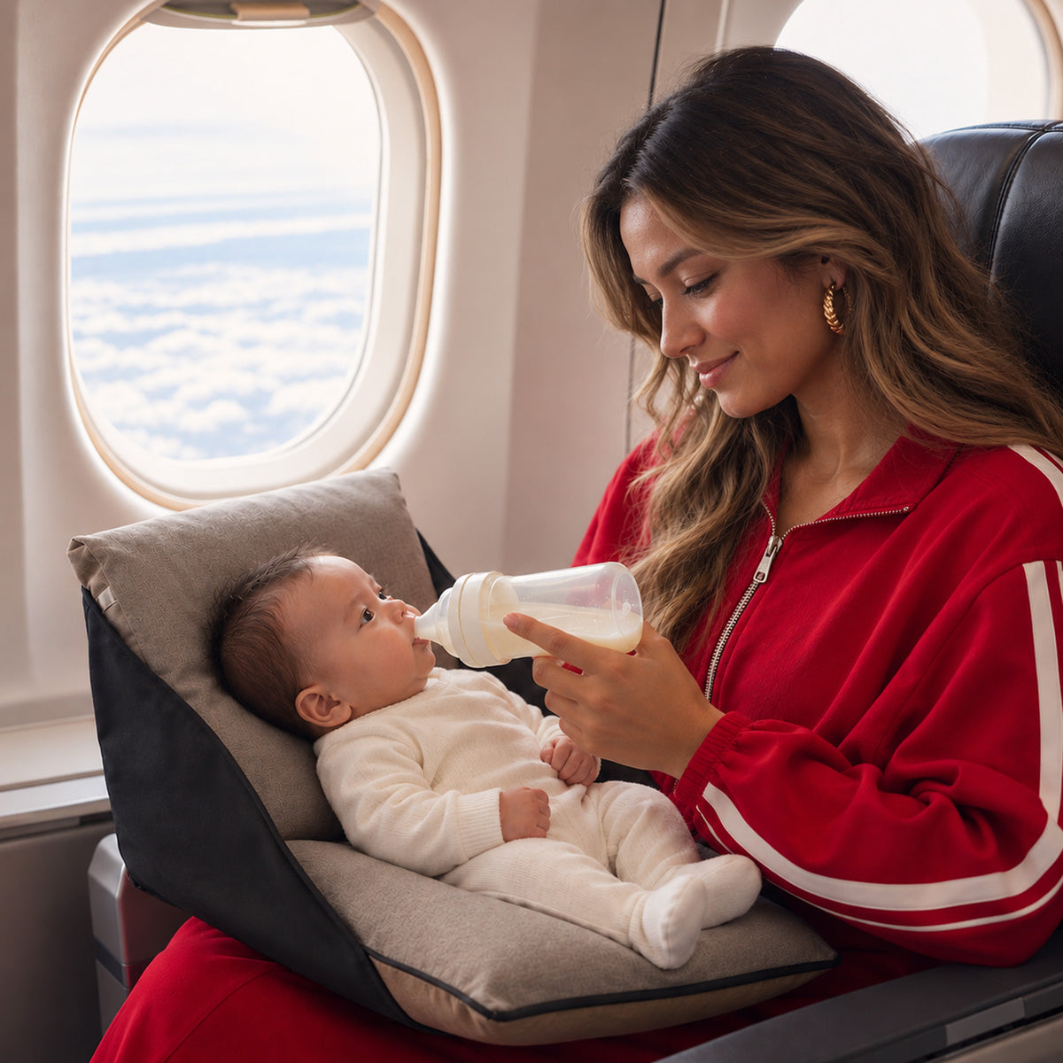DERYAN AirTraveller Airplane cot - Reisekissen mit Matratze - kompakt gefaltet - Braun