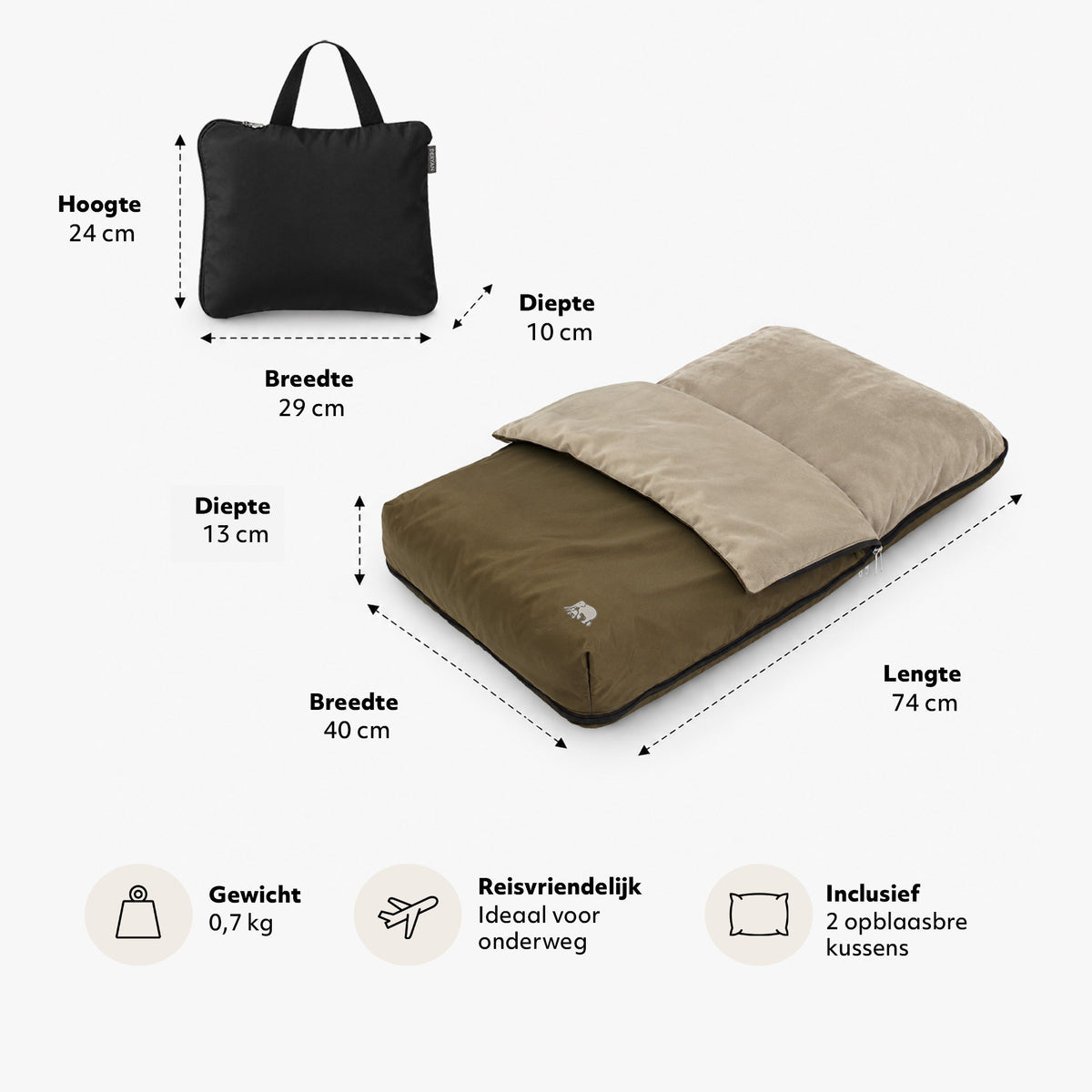 DERYAN AirTraveller Vliegtuigbedje - Reiskussen met matras - compact opgevouwen - Brown
