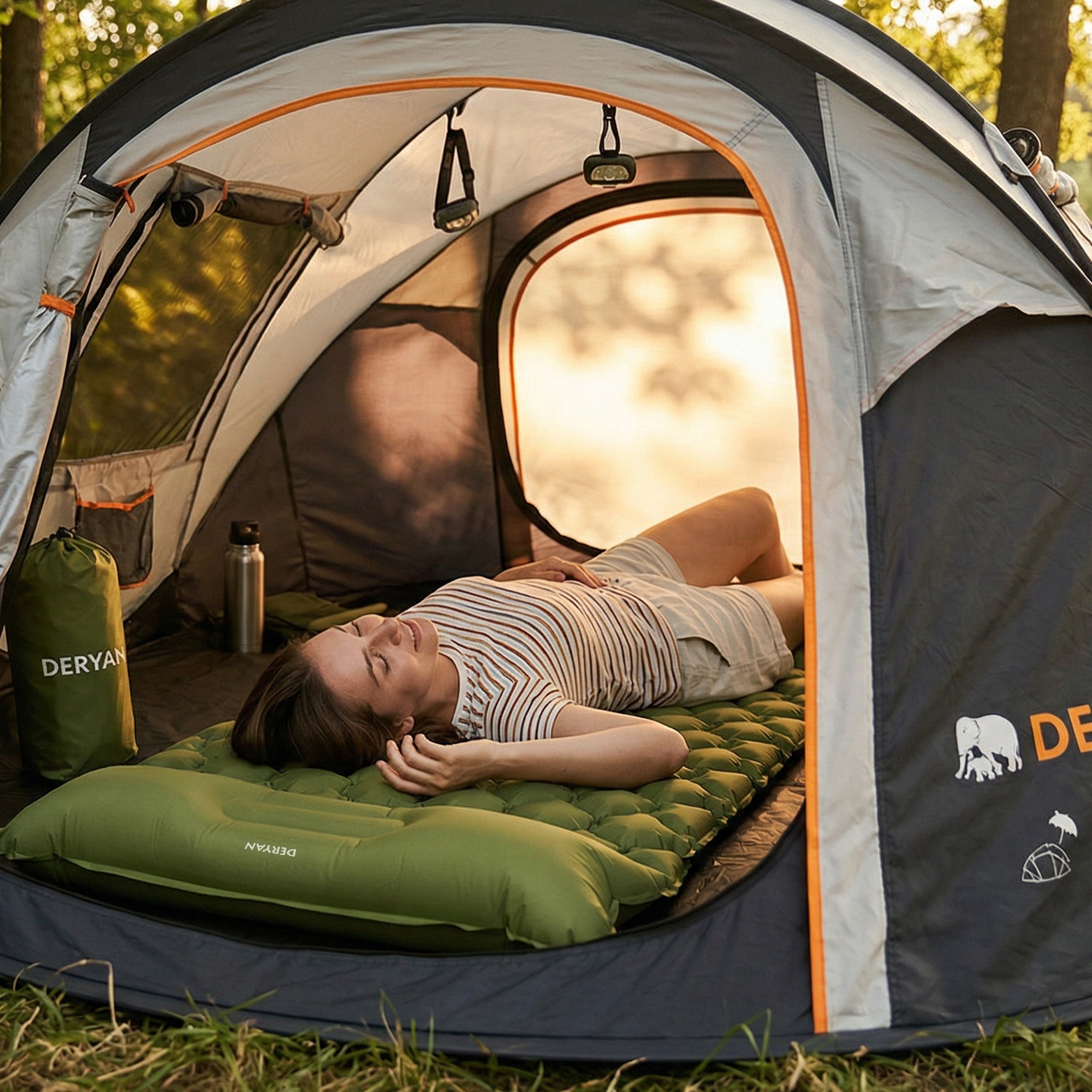 Matelas gonflable Deryan - Auto-gonflant avec pompe intégrée - Matelas gonflable de camping - Sac de rangement inclus - Vert