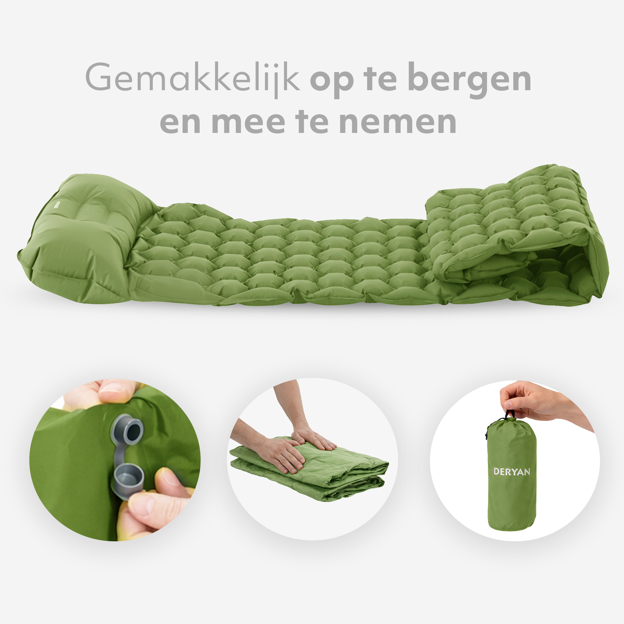 Matelas gonflable Deryan - Auto-gonflant avec pompe intégrée - Matelas gonflable de camping - Sac de rangement inclus - Vert
