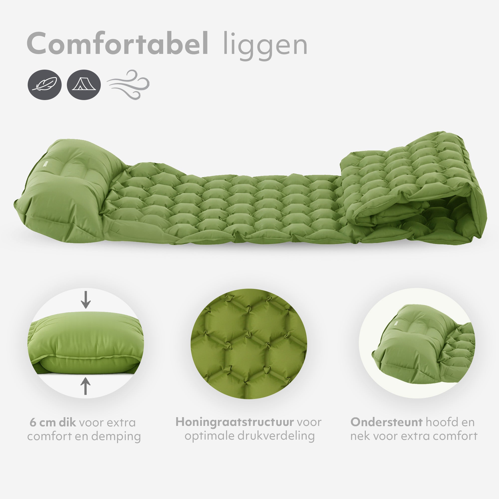 Matelas gonflable Deryan - Auto-gonflant avec pompe intégrée - Matelas gonflable de camping - Sac de rangement inclus - Vert