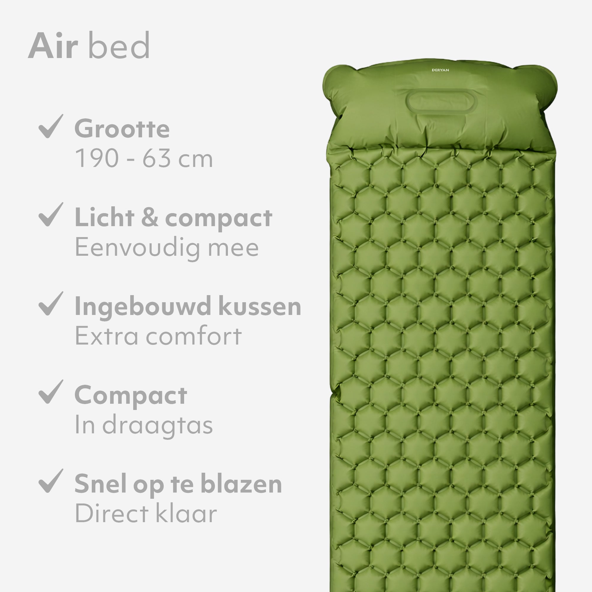 Matelas gonflable Deryan - Auto-gonflant avec pompe intégrée - Matelas gonflable de camping - Sac de rangement inclus - Vert