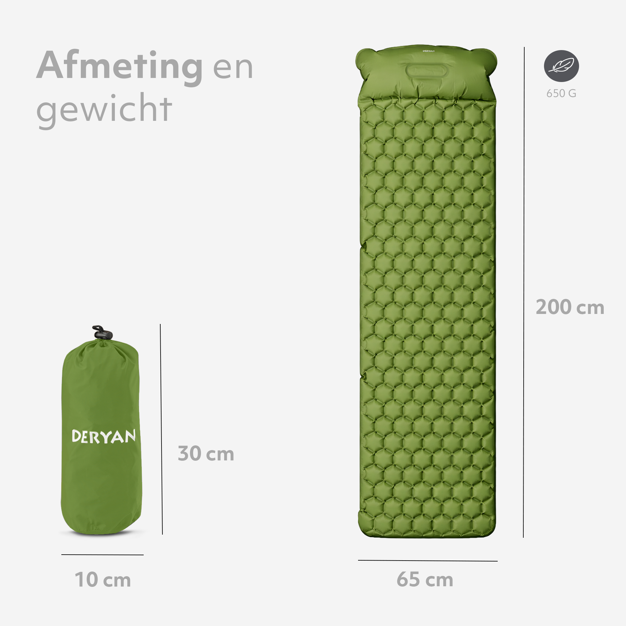 Matelas gonflable Deryan - Auto-gonflant avec pompe intégrée - Matelas gonflable de camping - Sac de rangement inclus - Vert