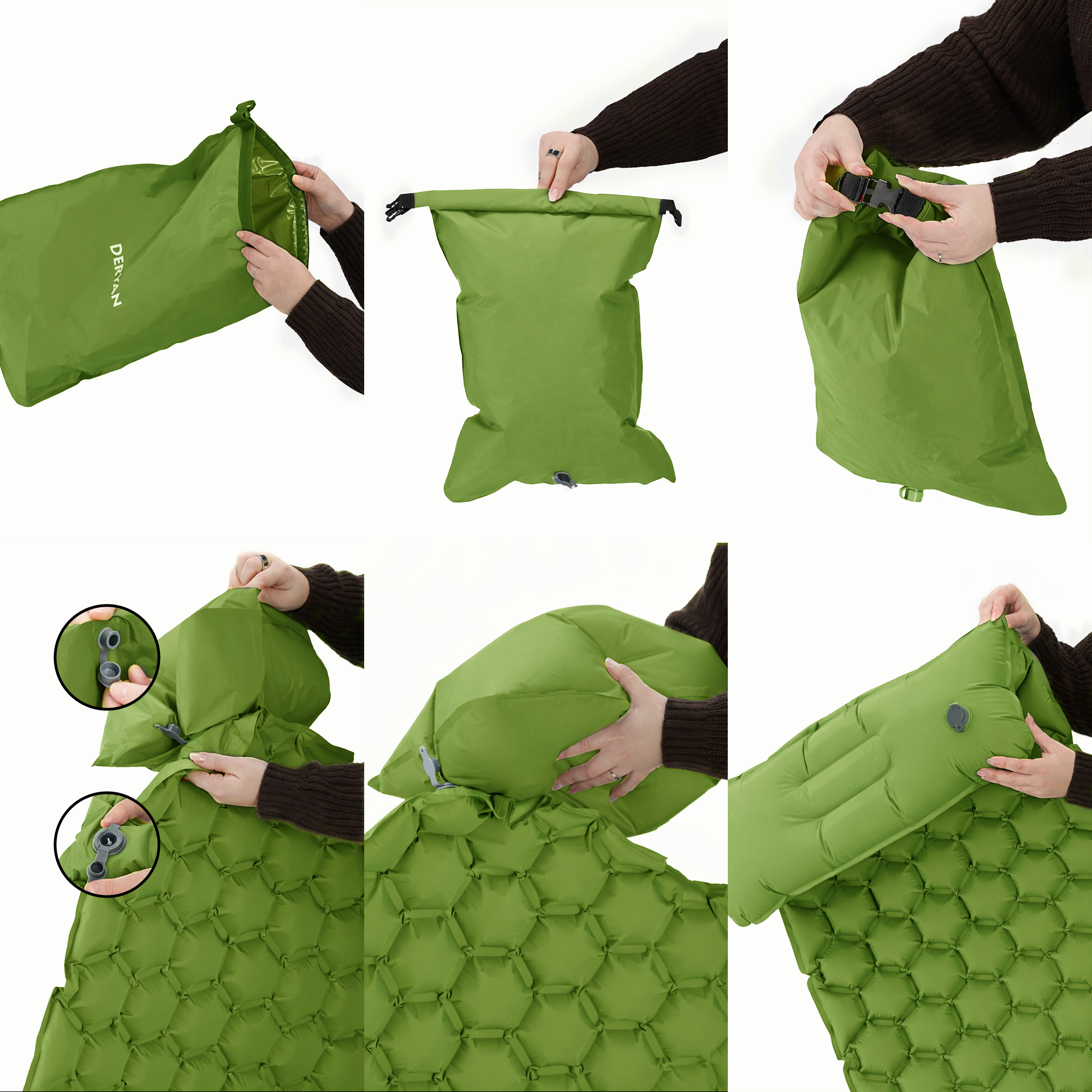 Matelas gonflable Deryan - Auto-gonflant avec pompe intégrée - Matelas gonflable de camping - Sac de rangement inclus - Vert