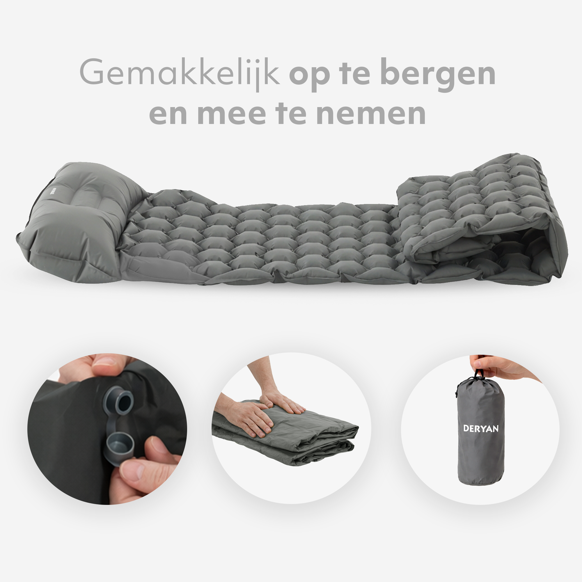 Matelas gonflable Deryan - Auto-gonflant avec pompe intégrée - Matelas gonflable de camping - Sac de rangement inclus - gris