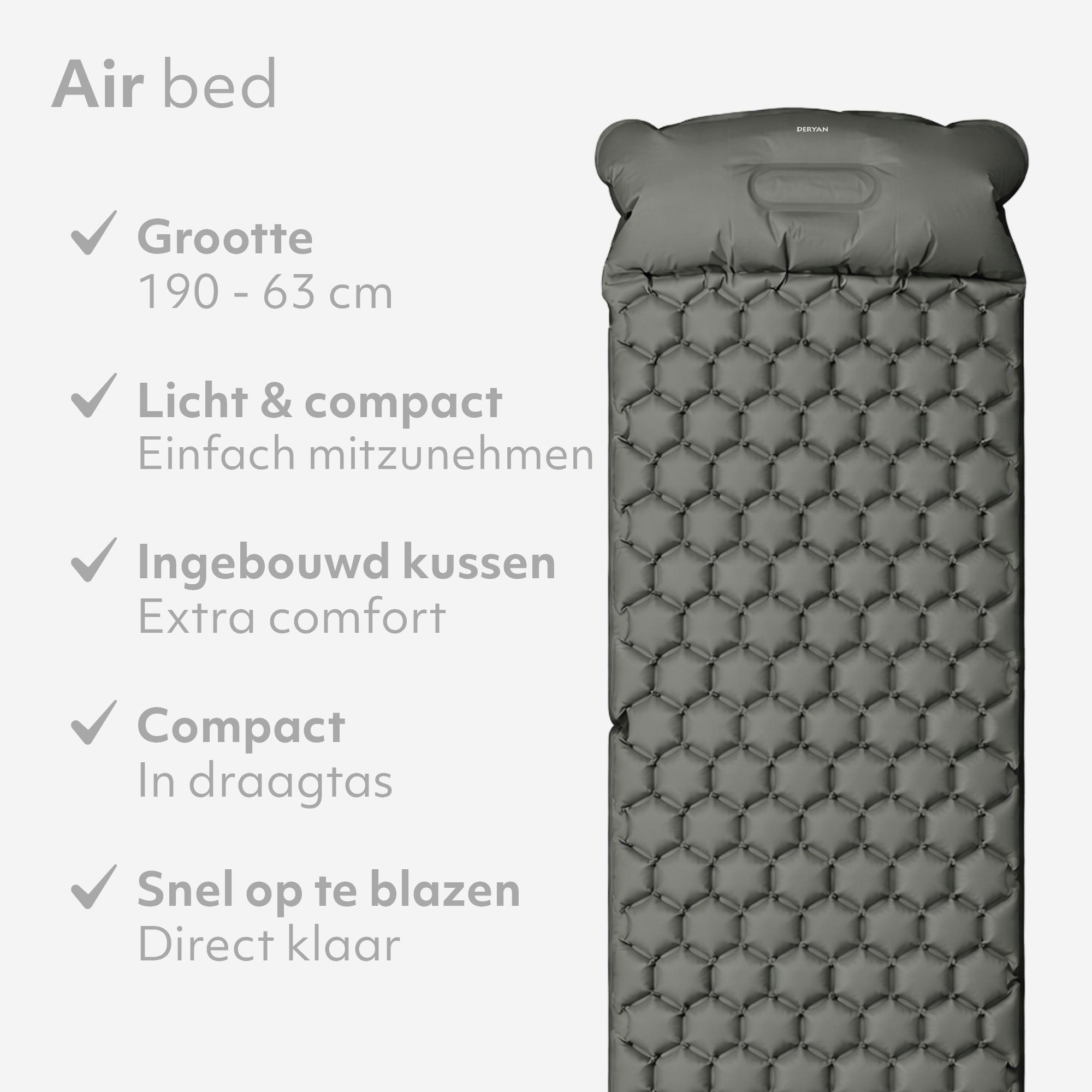 Matelas gonflable Deryan - Auto-gonflant avec pompe intégrée - Matelas gonflable de camping - Sac de rangement inclus - gris