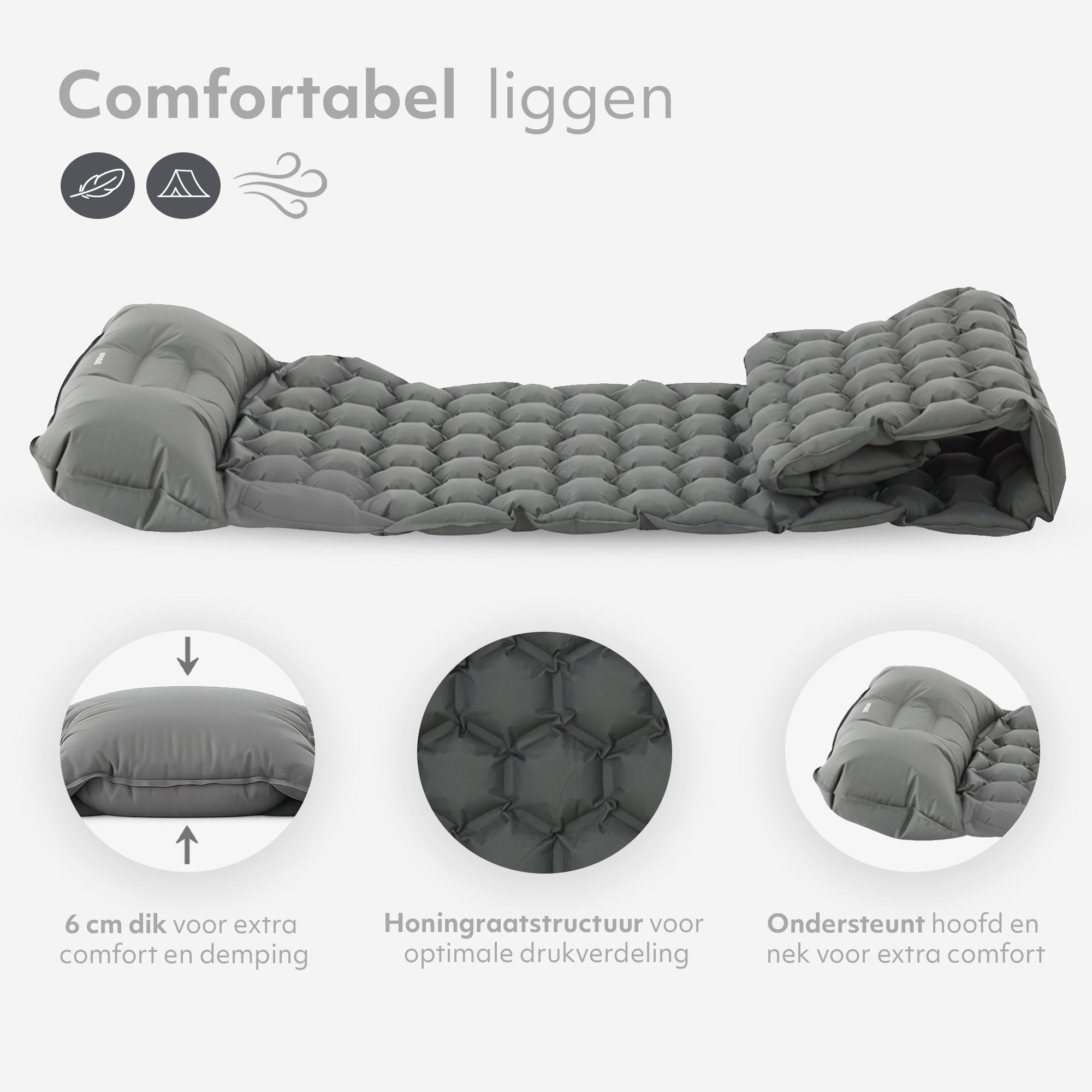 Matelas gonflable Deryan - Auto-gonflant avec pompe intégrée - Matelas gonflable de camping - Sac de rangement inclus - gris