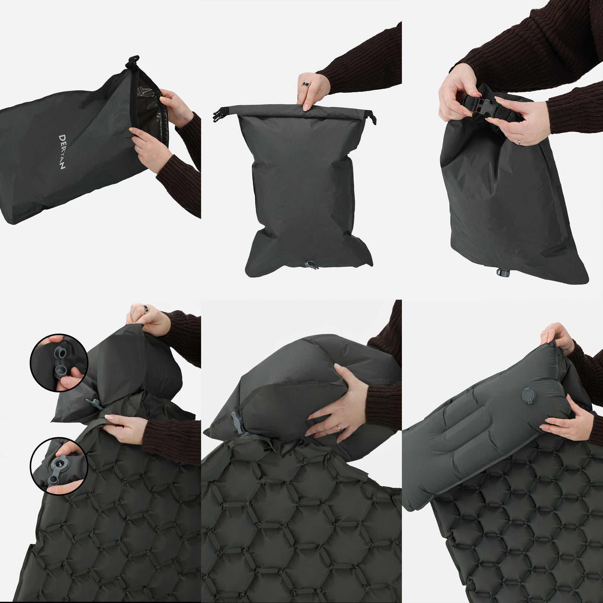 Matelas gonflable Deryan - Auto-gonflant avec pompe intégrée - Matelas gonflable de camping - Sac de rangement inclus - gris