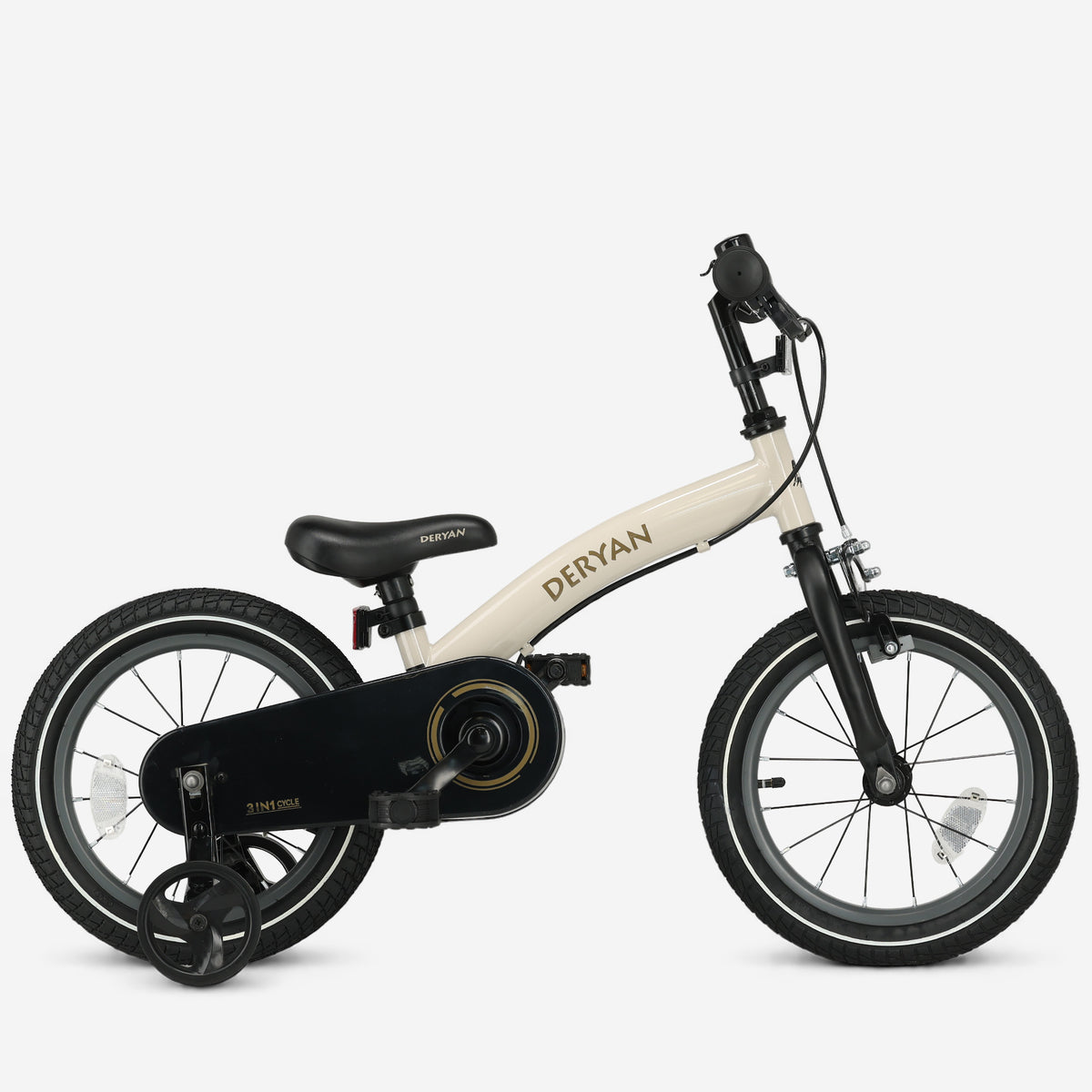Deryan Luxe Kinderfiets 14 inch - 3 in 1 - loopfiets Sand