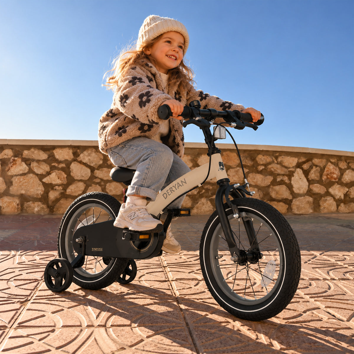 Deryan Luxe Kinderfiets 14 inch - 3 in 1 - loopfiets Sand