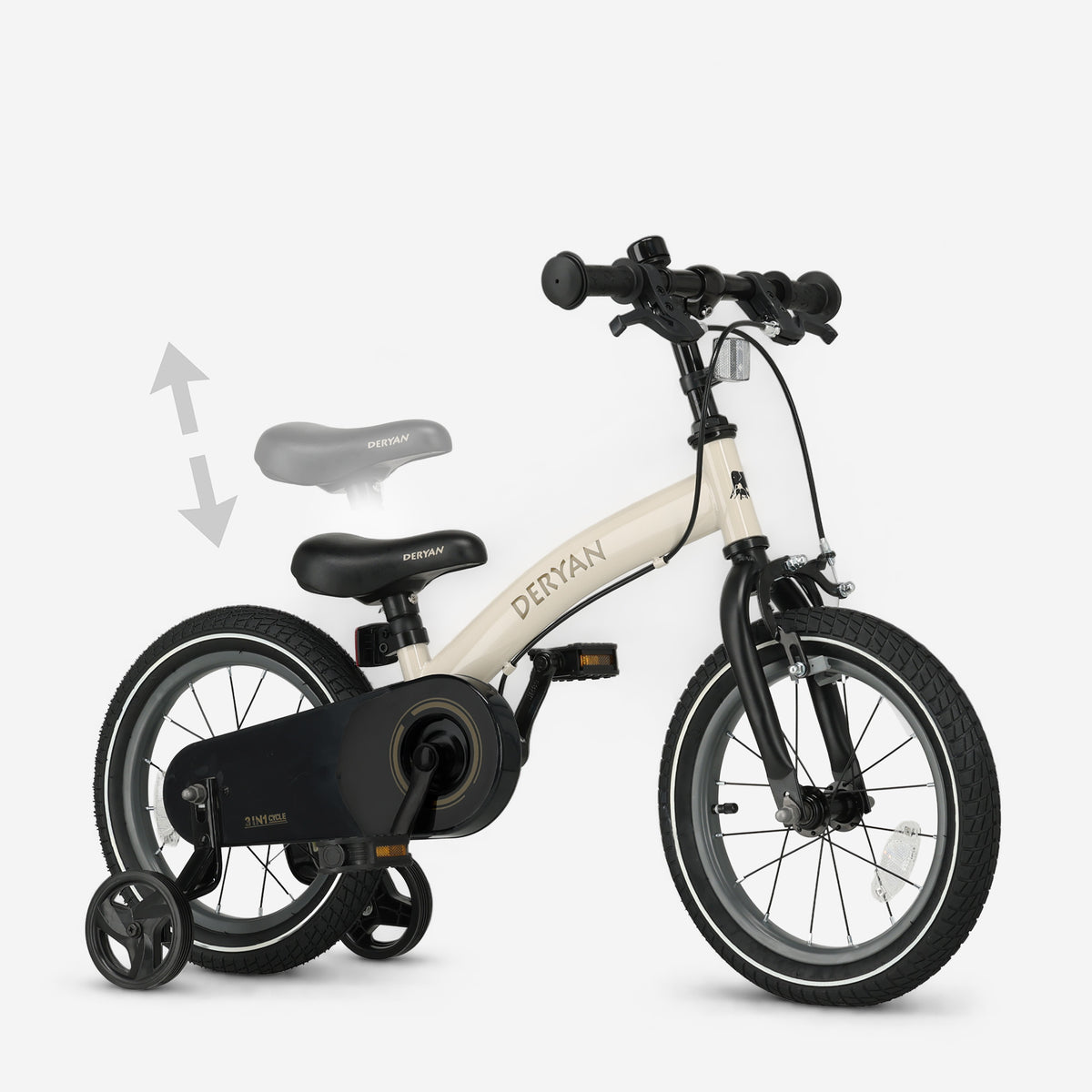 Deryan Luxe Kinderfiets 14 inch - 3 in 1 - loopfiets Sand