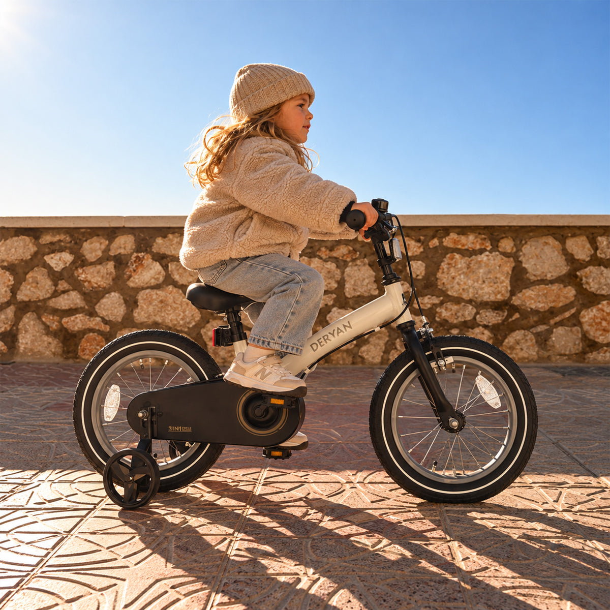 Deryan Luxe Kinderfiets 14 inch - 3 in 1 - loopfiets Sand