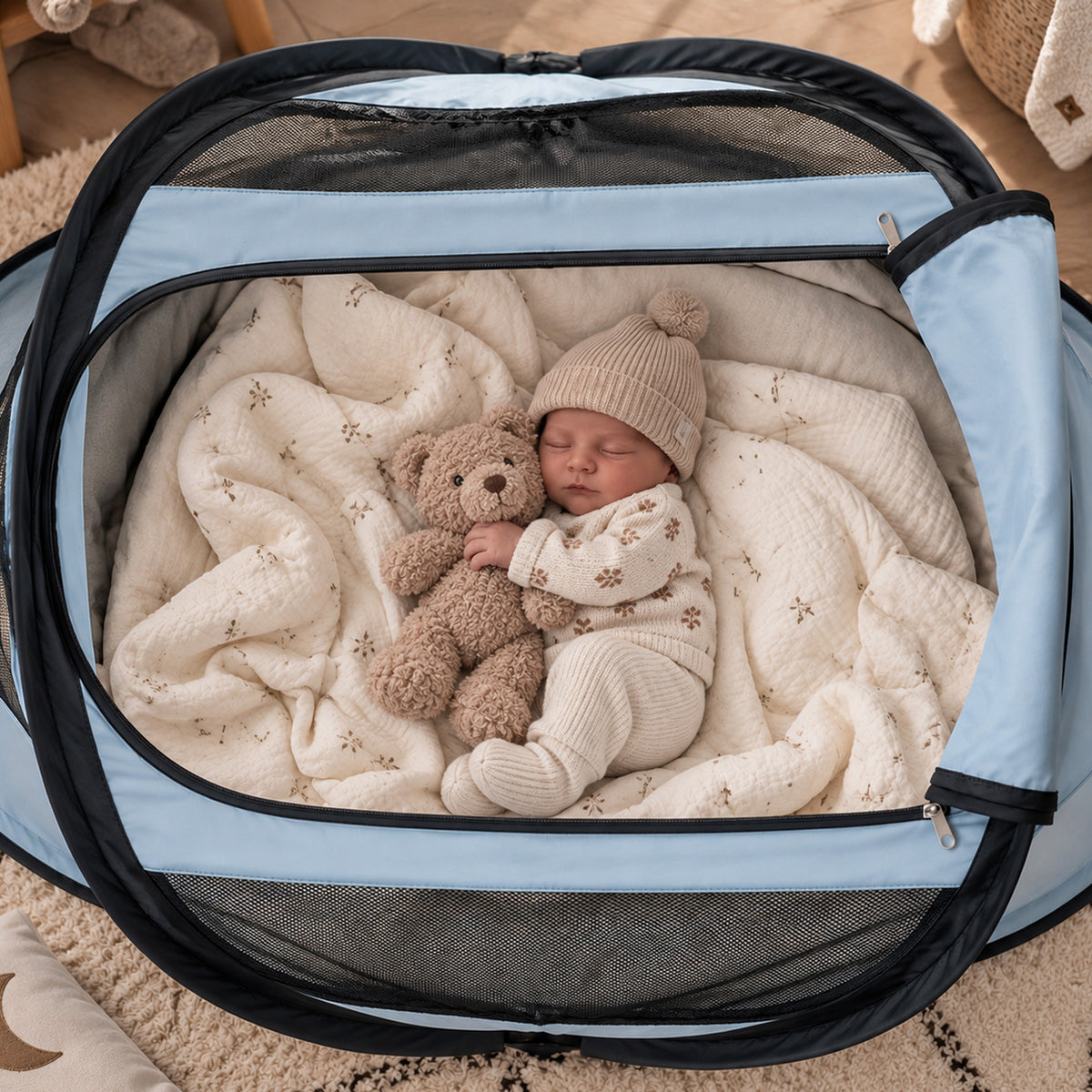 Tente pour bébé BabyBox + lit de camping + matelas - Bleu ciel