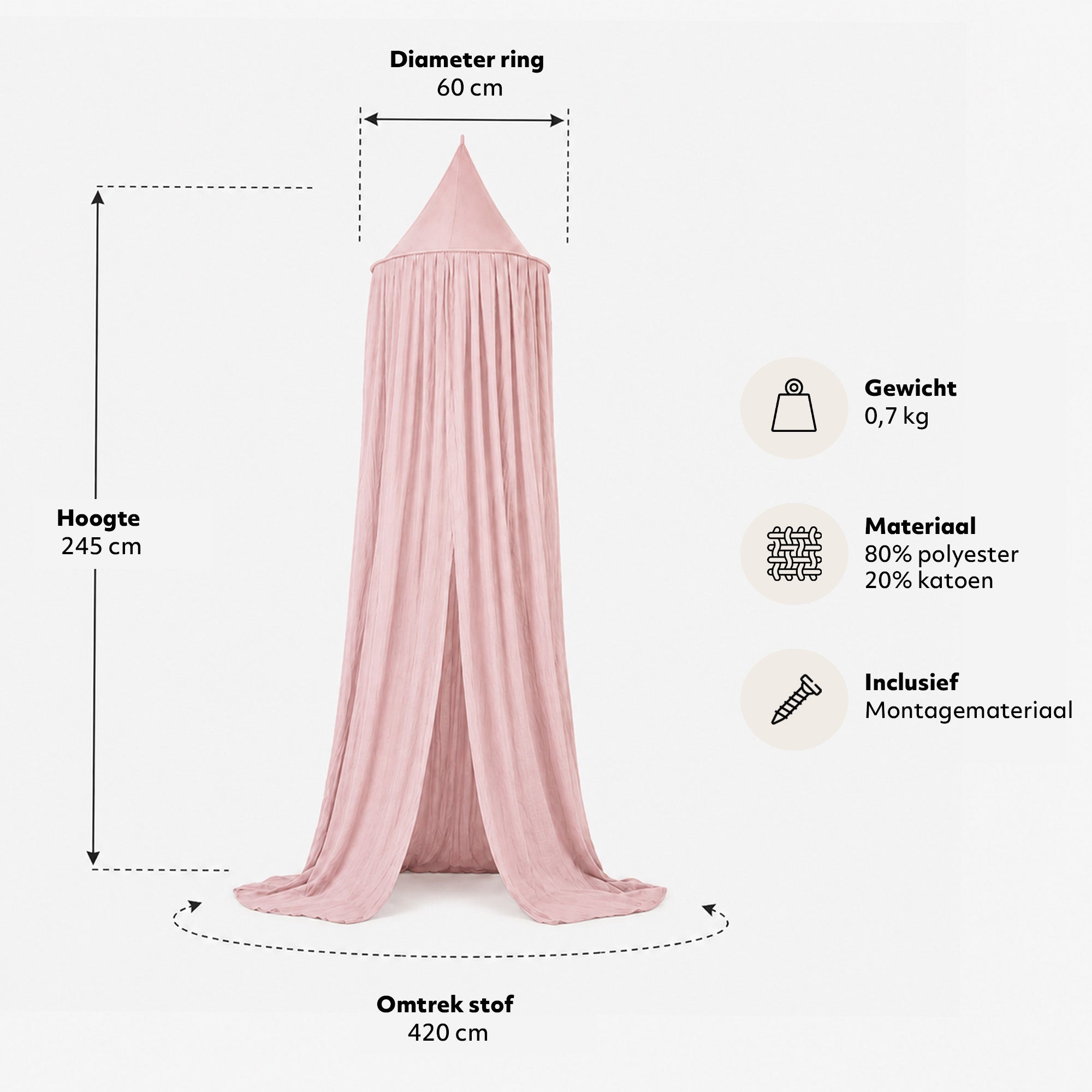 DERYAN Baby Mosquito Net Vintage 245cm - Children's Mosquito Net - Canopy Pale Pink