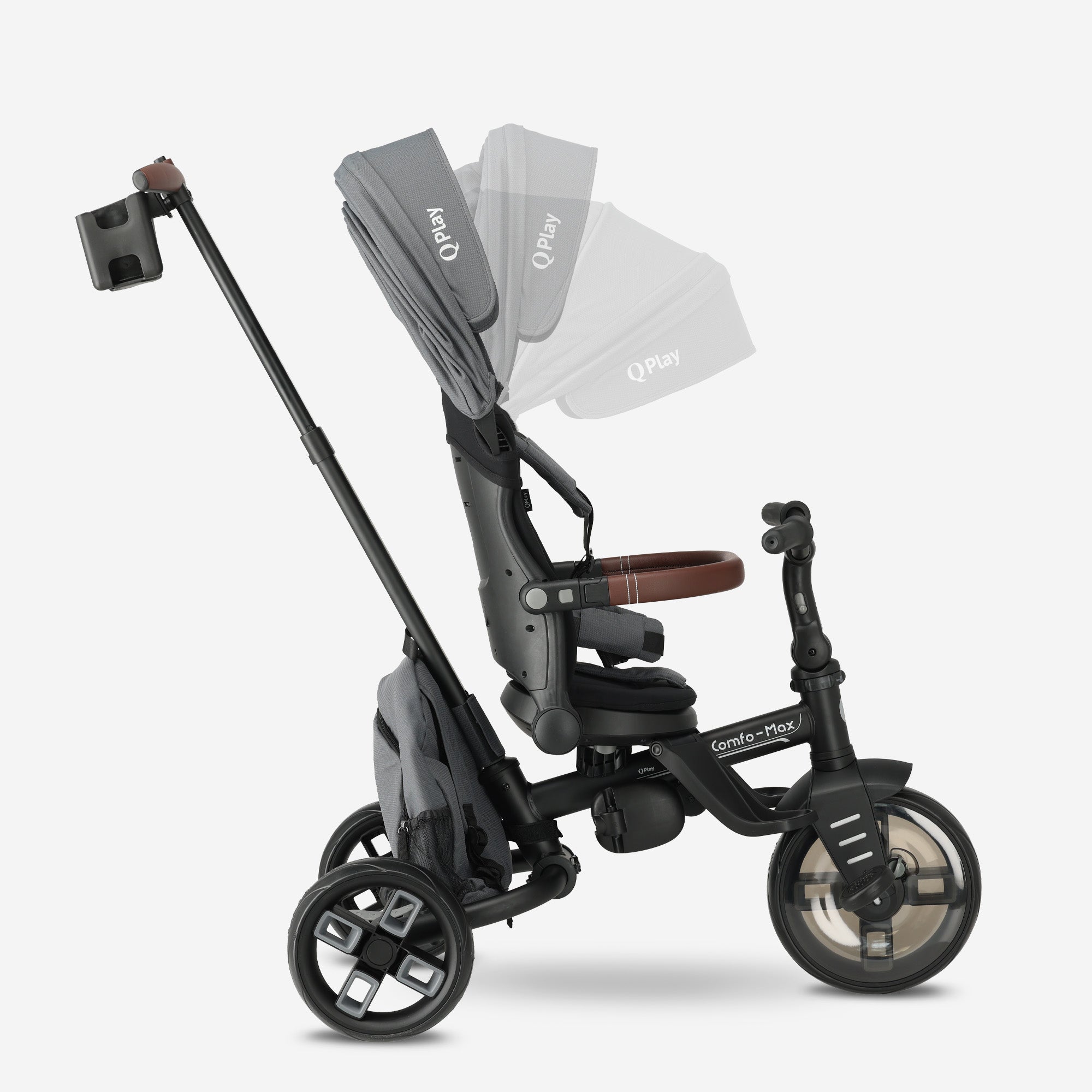Qplay Comfo Max Driewieler met Duwstang - 7-in-1 Peuterfiets - Grijs