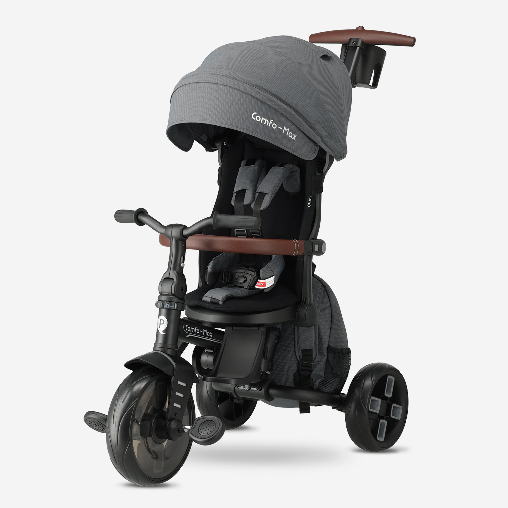 Qplay Comfo Max Driewieler met Duwstang - 7-in-1 Peuterfiets - Grijs