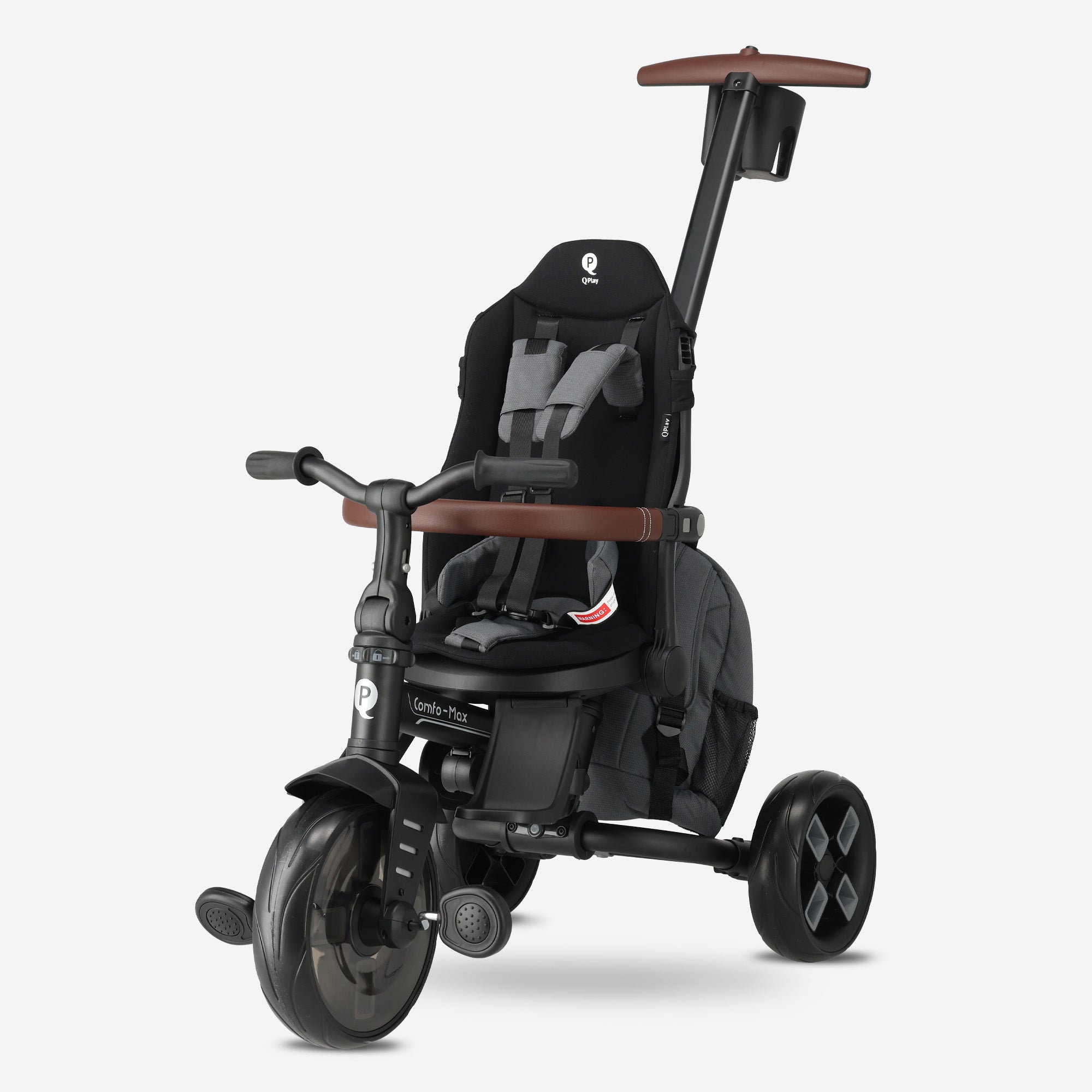 Qplay Comfo Max Driewieler met Duwstang - 7-in-1 Peuterfiets - Grijs