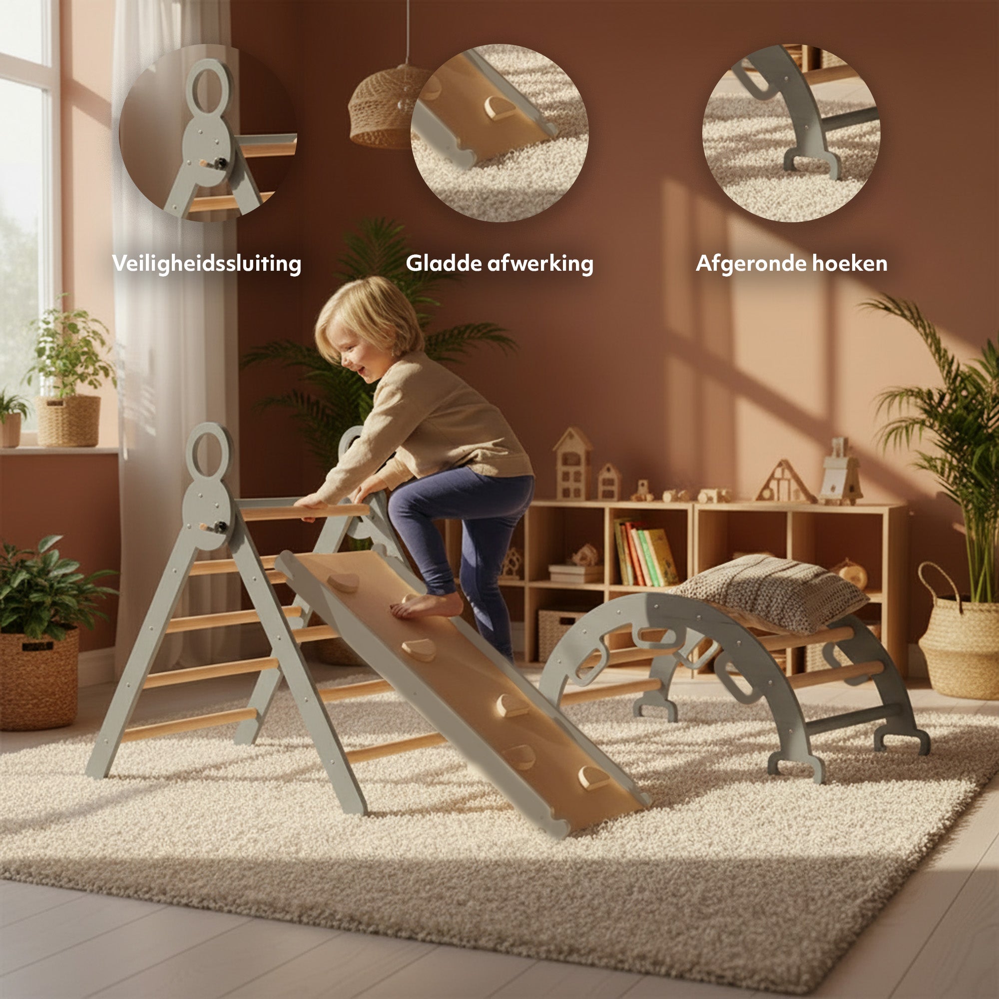 Deryan Luxe XXL Klimrek - Opvouwbare Driehoek + Klimboog + Helling met Glijbaan Grijs