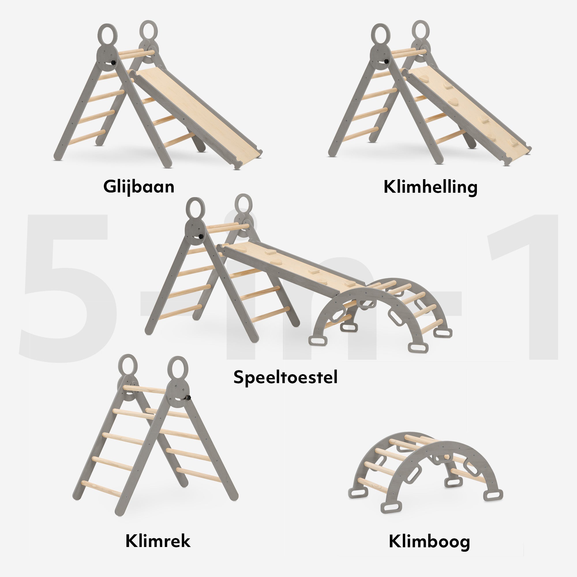 Deryan Luxe XXL Klimrek - Opvouwbare Driehoek + Klimboog + Helling met Glijbaan Grijs