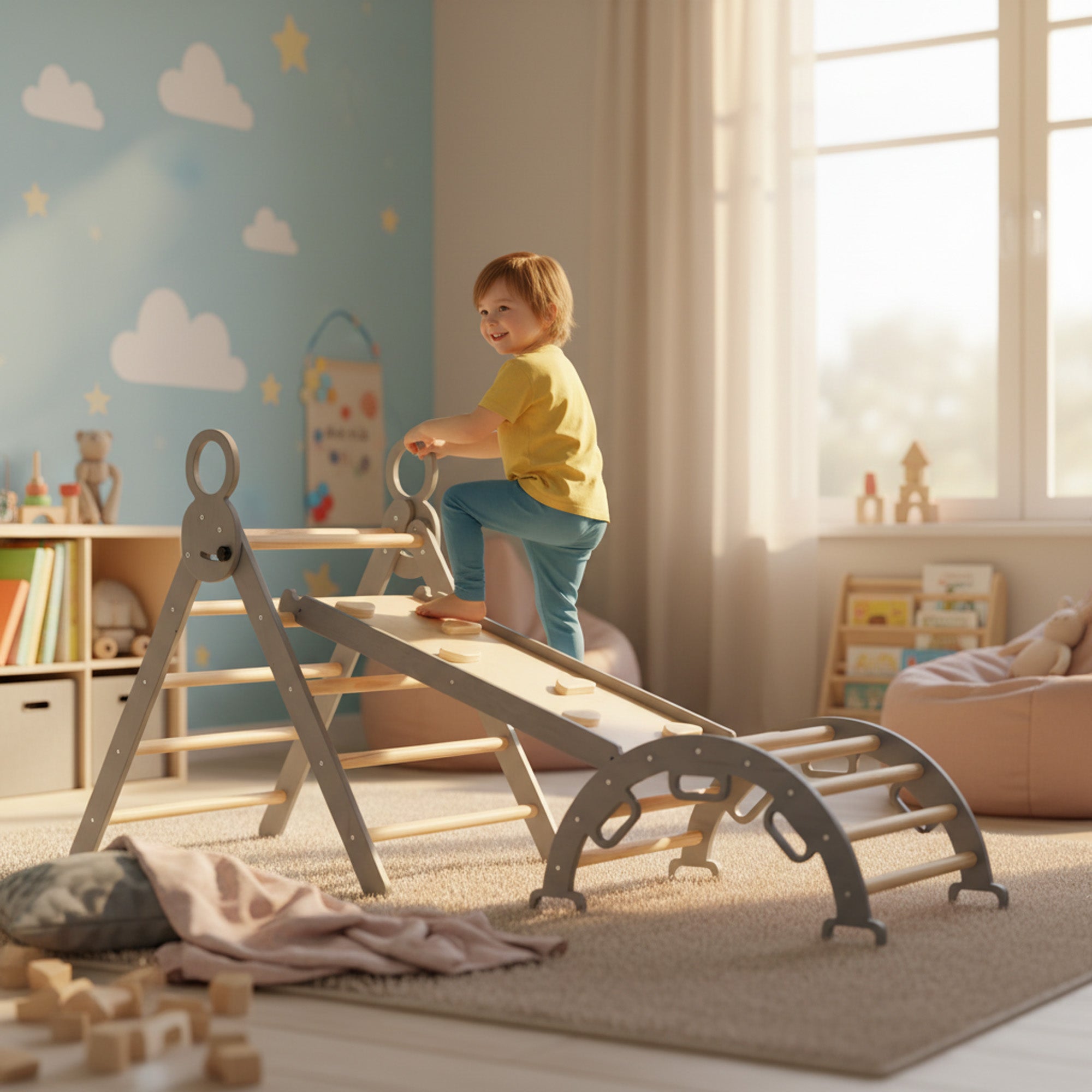 Deryan Luxe XXL Klimrek - Opvouwbare Driehoek + Klimboog + Helling met Glijbaan Grijs