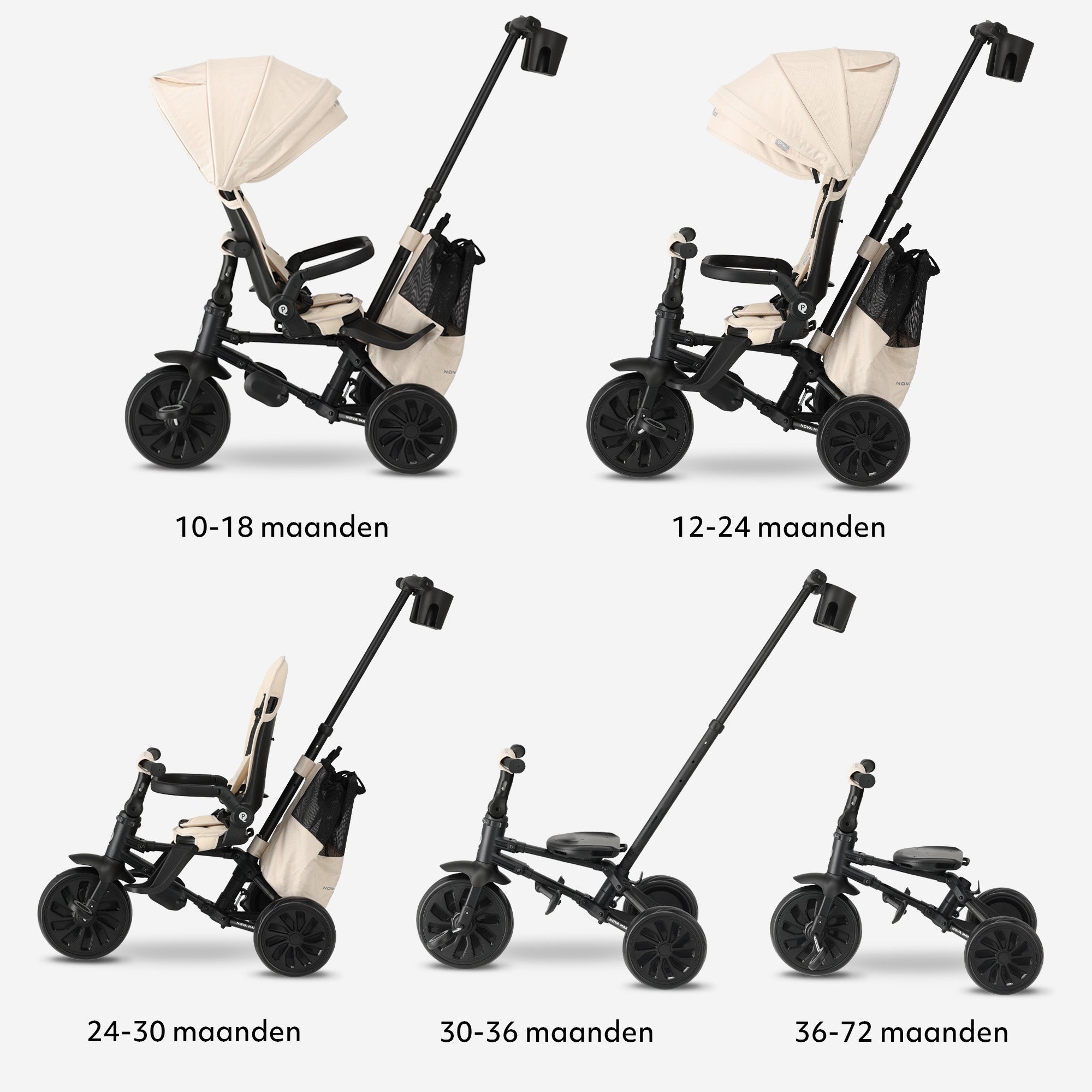 Qplay Nova Max Driewieler met Duwstang - Opvouwbare Peuterfiets - 5-in-1 - Beige