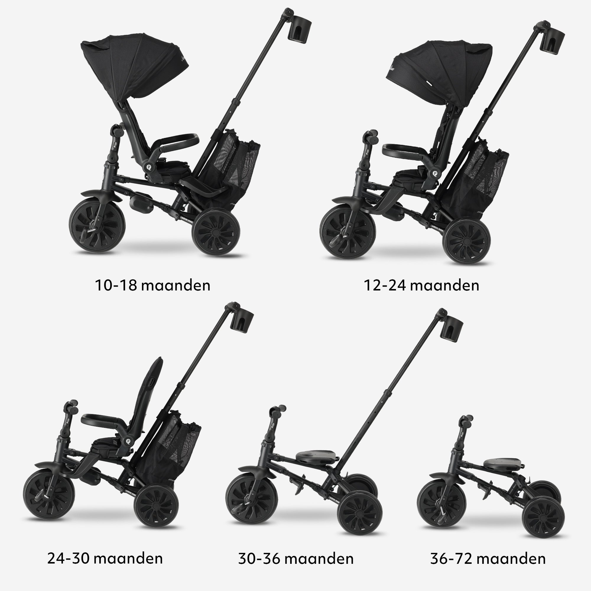 Qplay Nova Max Driewieler met Duwstang - Opvouwbare Peuterfiets - 5-in-1 - Zwart