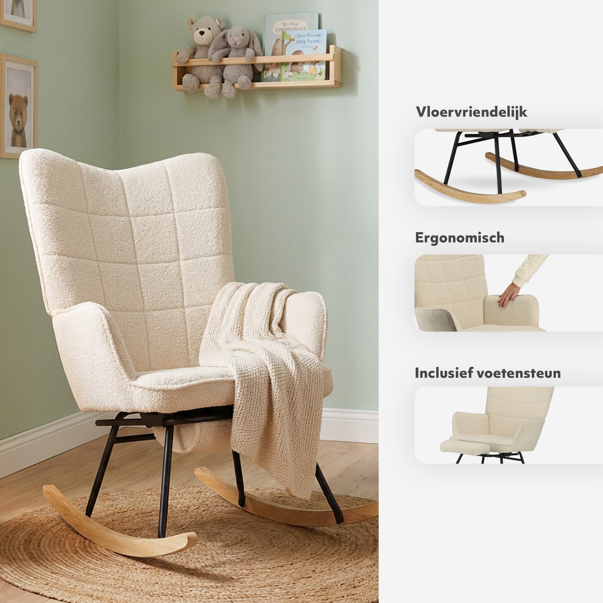 Mooiys Verzorgingsstoel - Schommelstoel - Relaxstoel babykamer - Voedingsstoel - Cremé