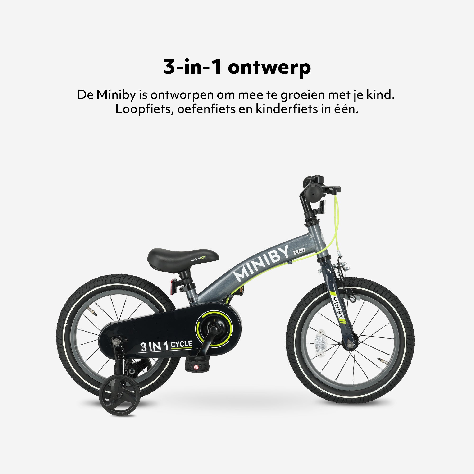 Qplay Miniby Kinderfiets 14 inch - 3 in 1 - loopfiets - Grijs