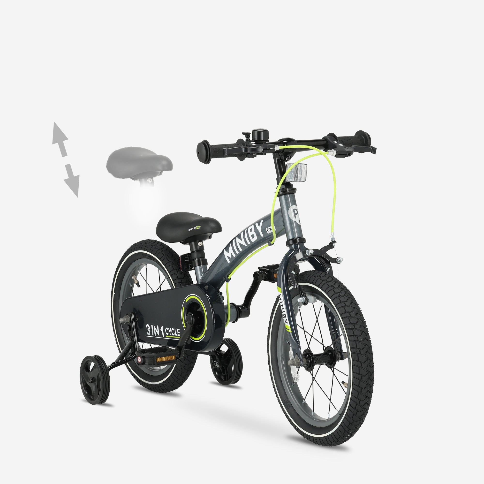Qplay Miniby Kinderfiets 14 inch - 3 in 1 - loopfiets - Grijs