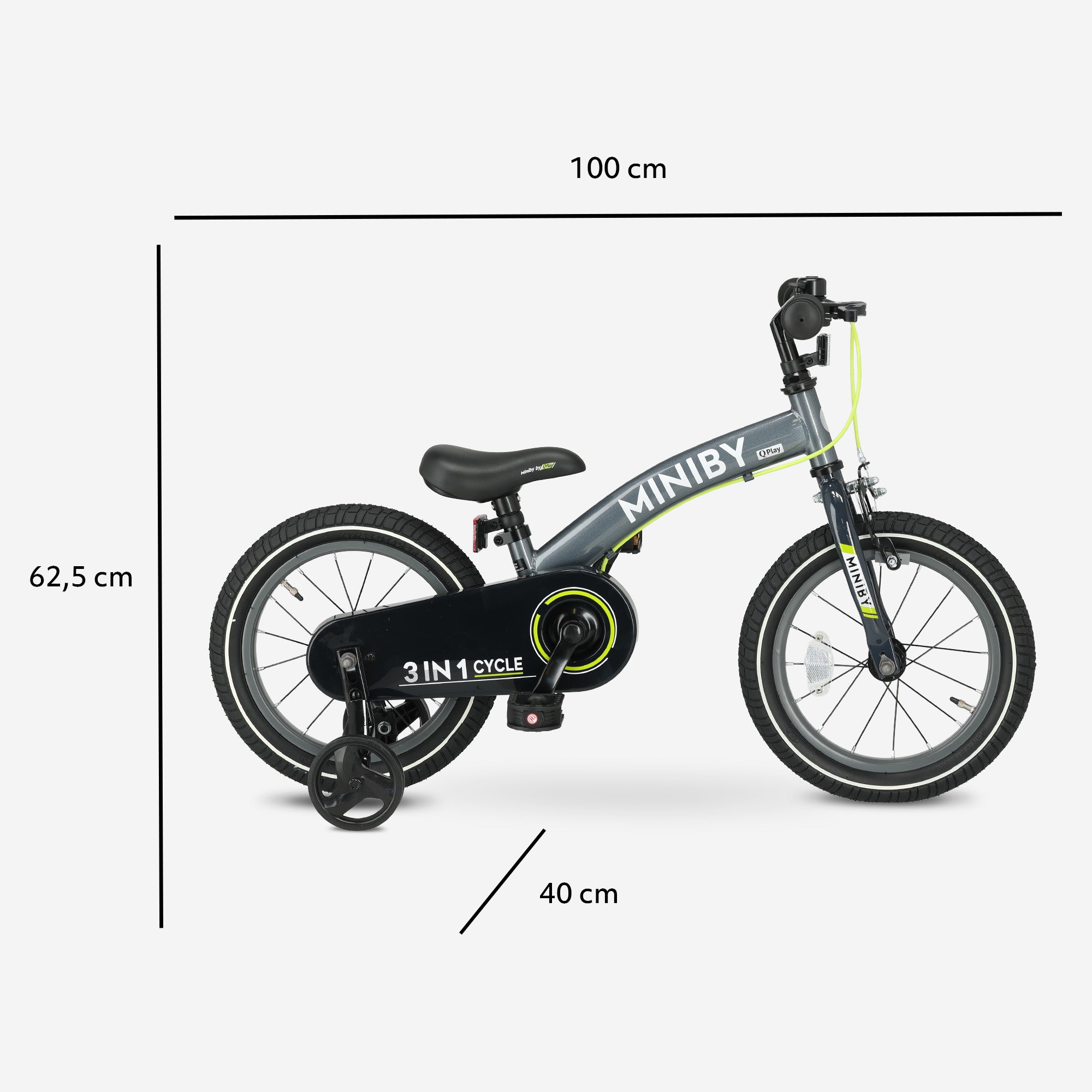 Qplay Miniby Kinderfiets 14 inch - 3 in 1 - loopfiets - Grijs