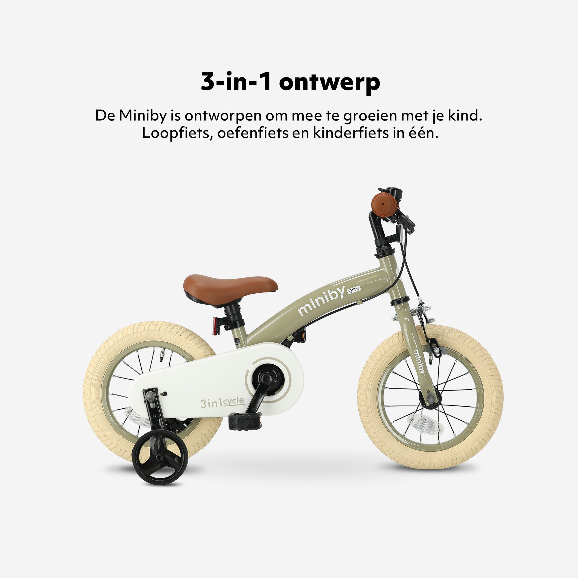 Qplay Miniby Kinderfiets 12 inch - 3 in 1 - loopfiets - Olive