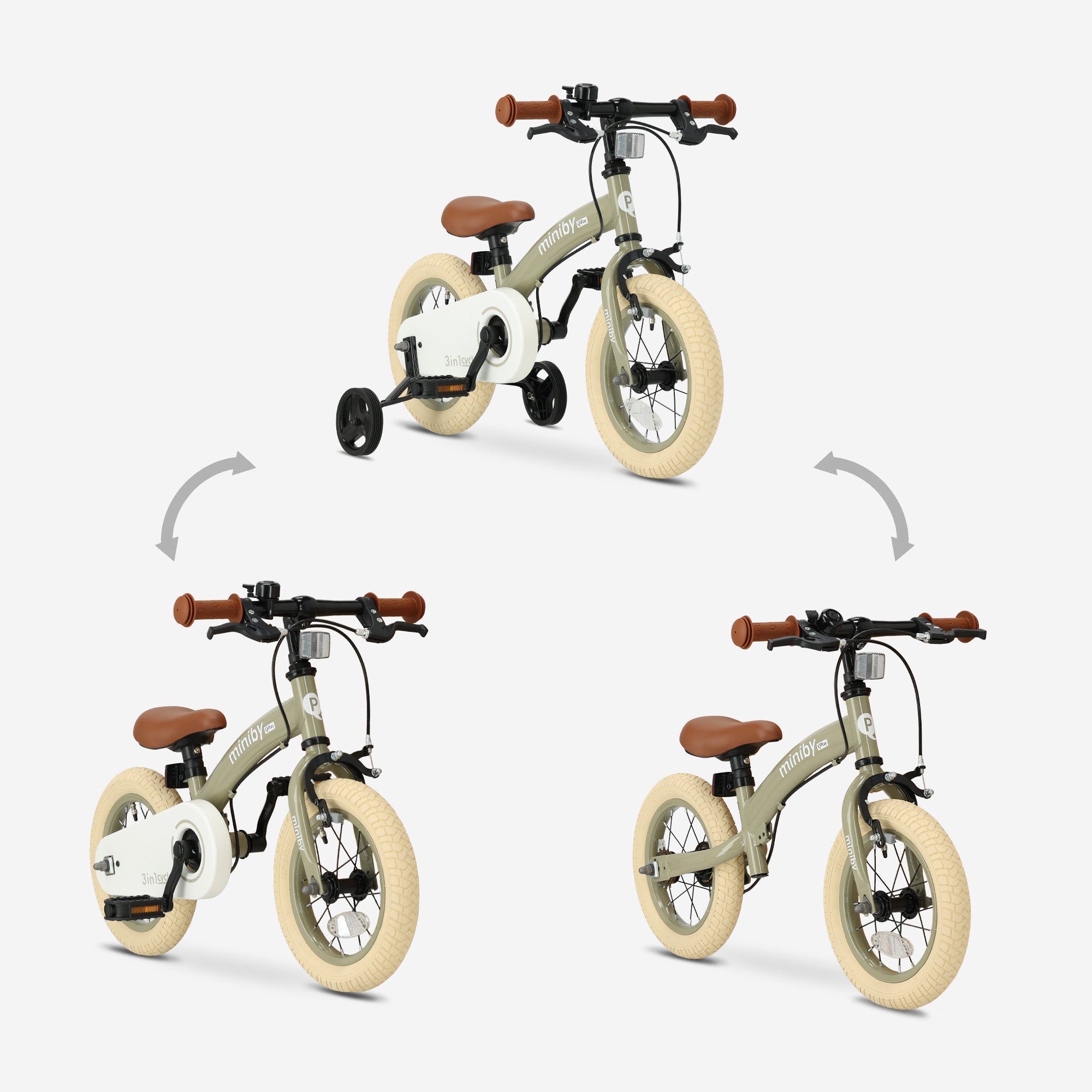 Qplay Miniby Kinderfiets 12 inch - 3 in 1 - loopfiets - Olive