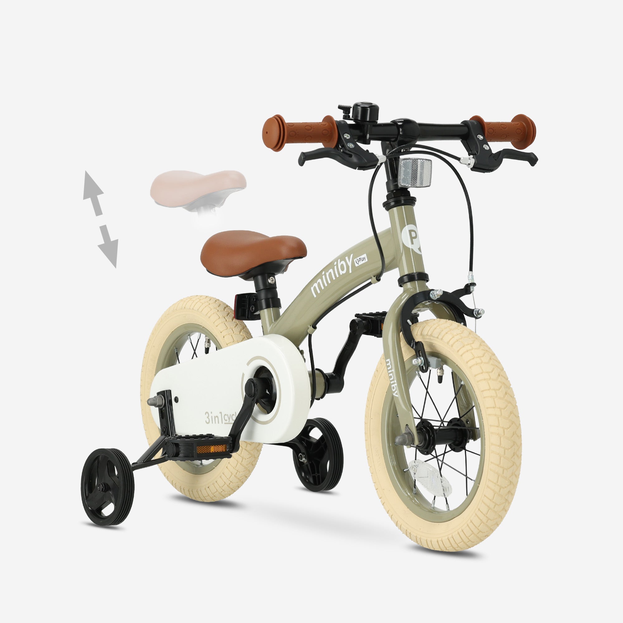 Qplay Miniby Kinderfiets 12 inch - 3 in 1 - loopfiets - Olive