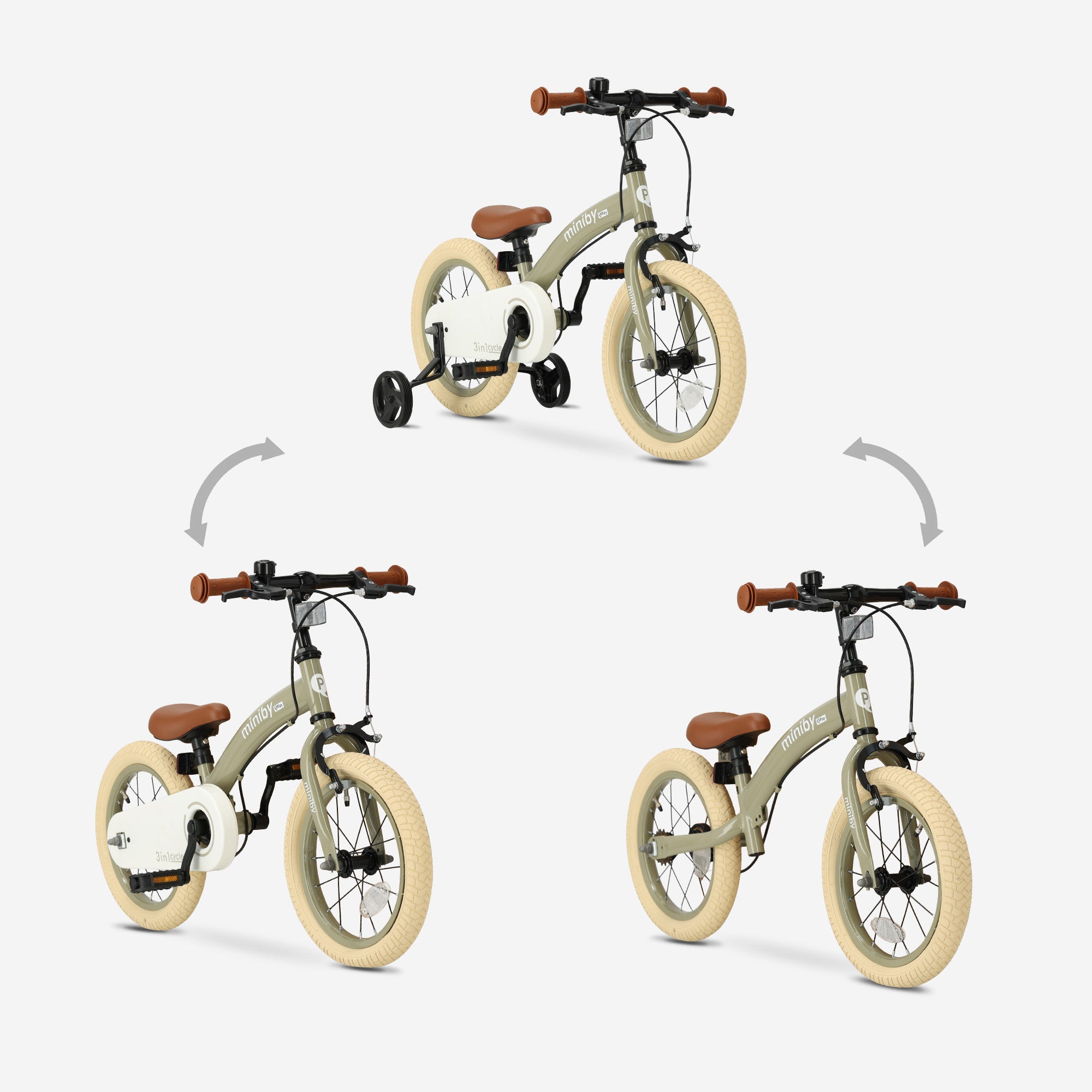 Qplay Miniby Kinderfiets 14 inch - 3 in 1 - loopfiets - Olive