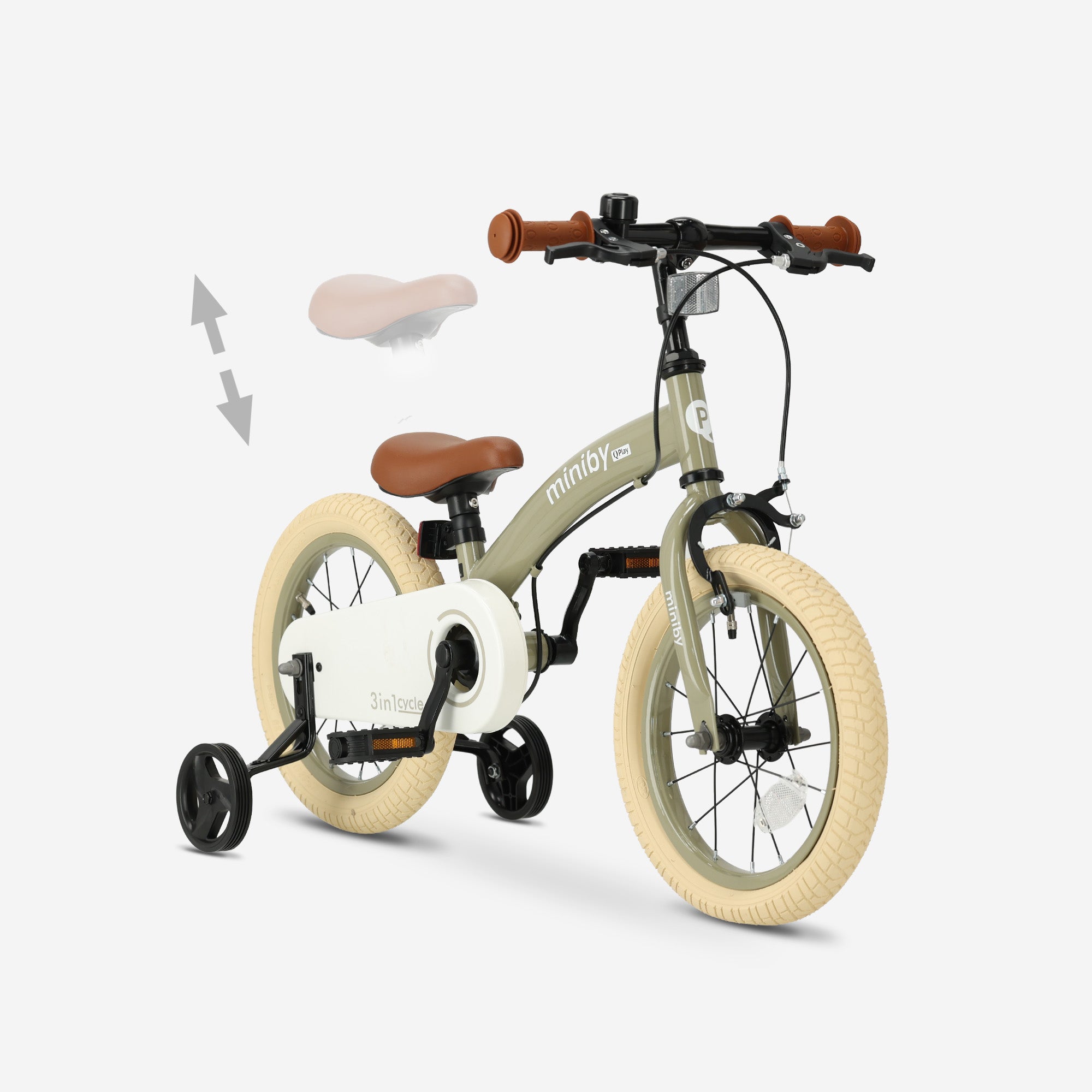 Qplay Miniby Kinderfiets 14 inch - 3 in 1 - loopfiets - Olive