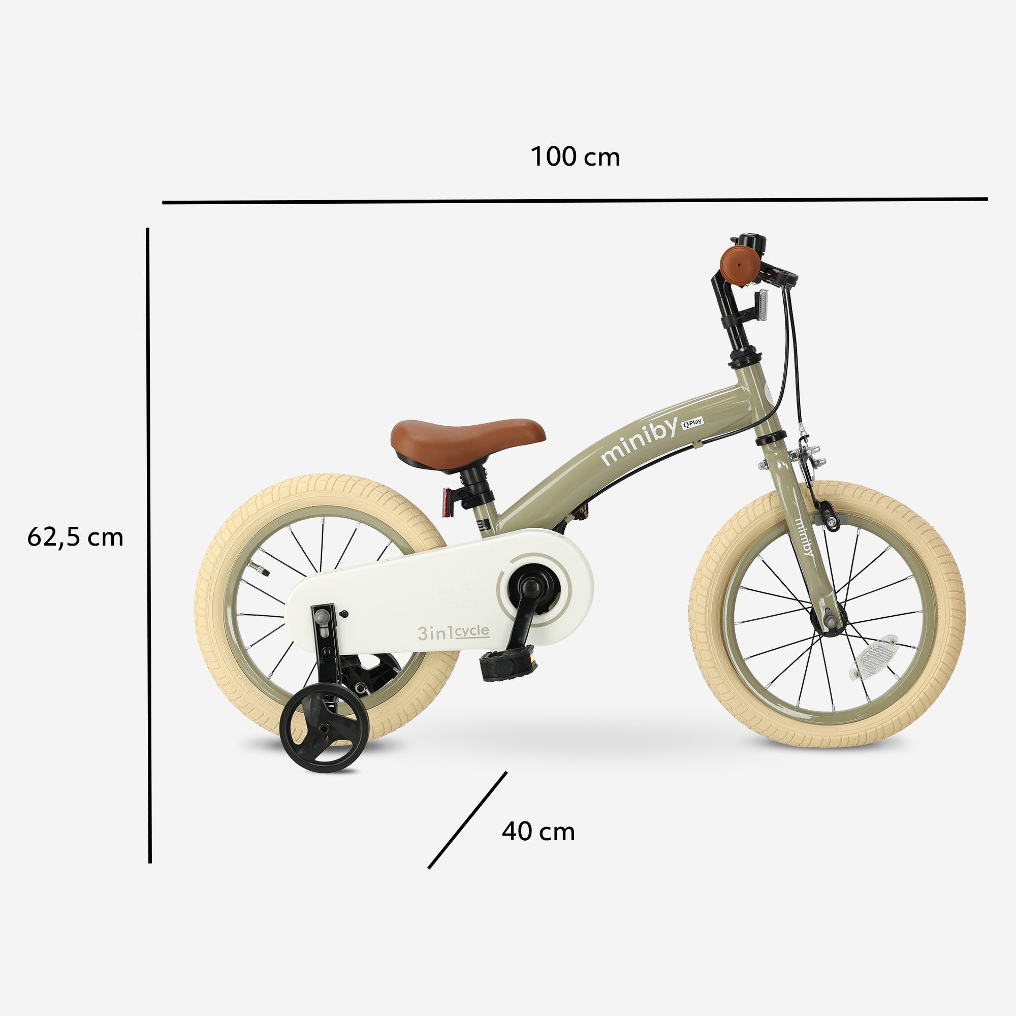 Qplay Miniby Kinderfiets 14 inch - 3 in 1 - loopfiets - Olive