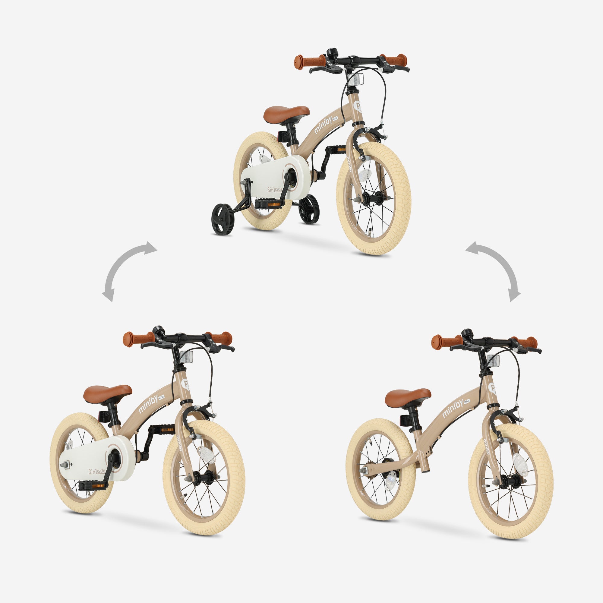 Vélo pour enfant Qplay Miniby 14 pouces - 3 en 1 - vélo sans pédales - Mocha