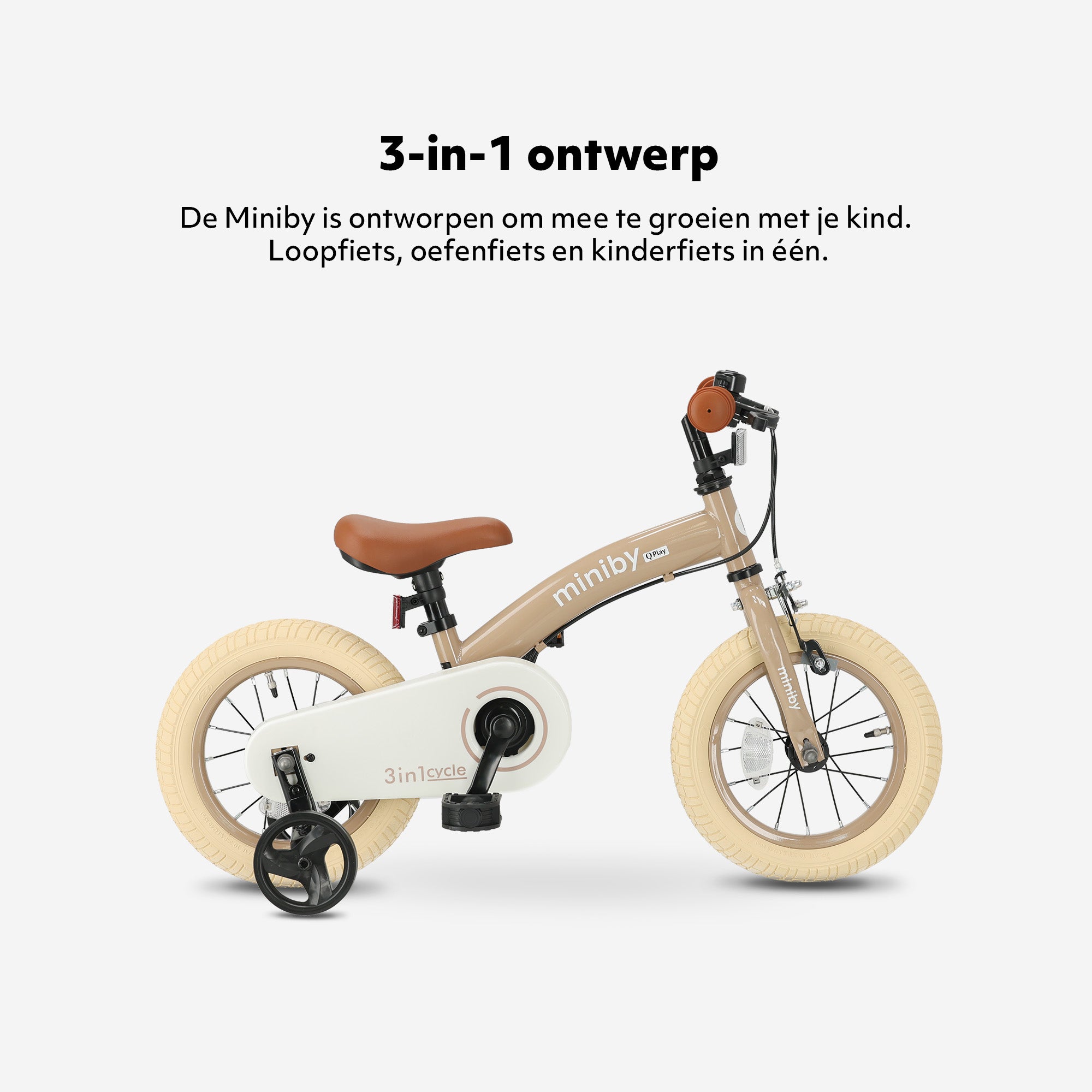 Qplay Miniby Kinderfiets 12 inch - 3 in 1 - loopfiets - Mocha