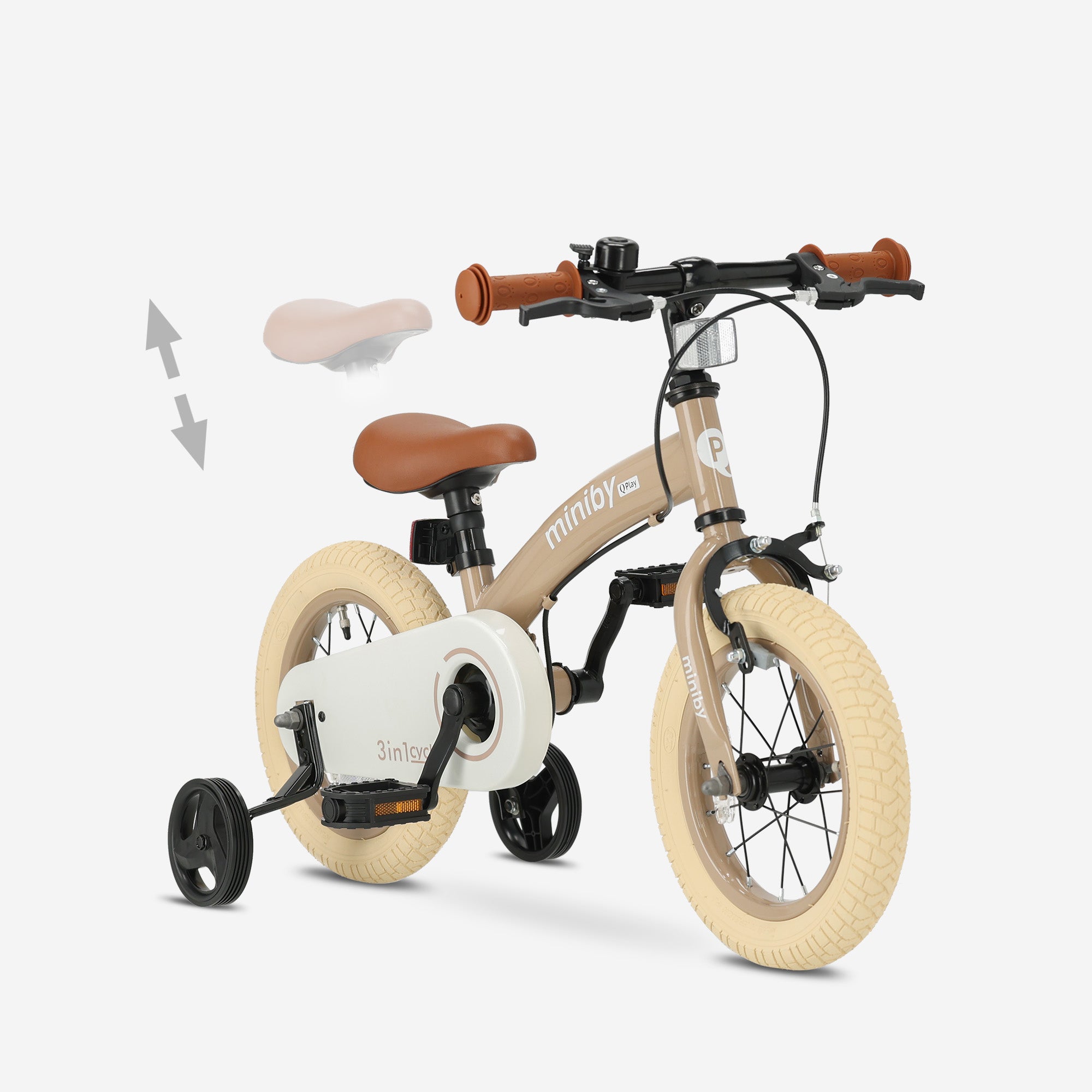Qplay Miniby Kinderfiets 12 inch - 3 in 1 - loopfiets - Mocha