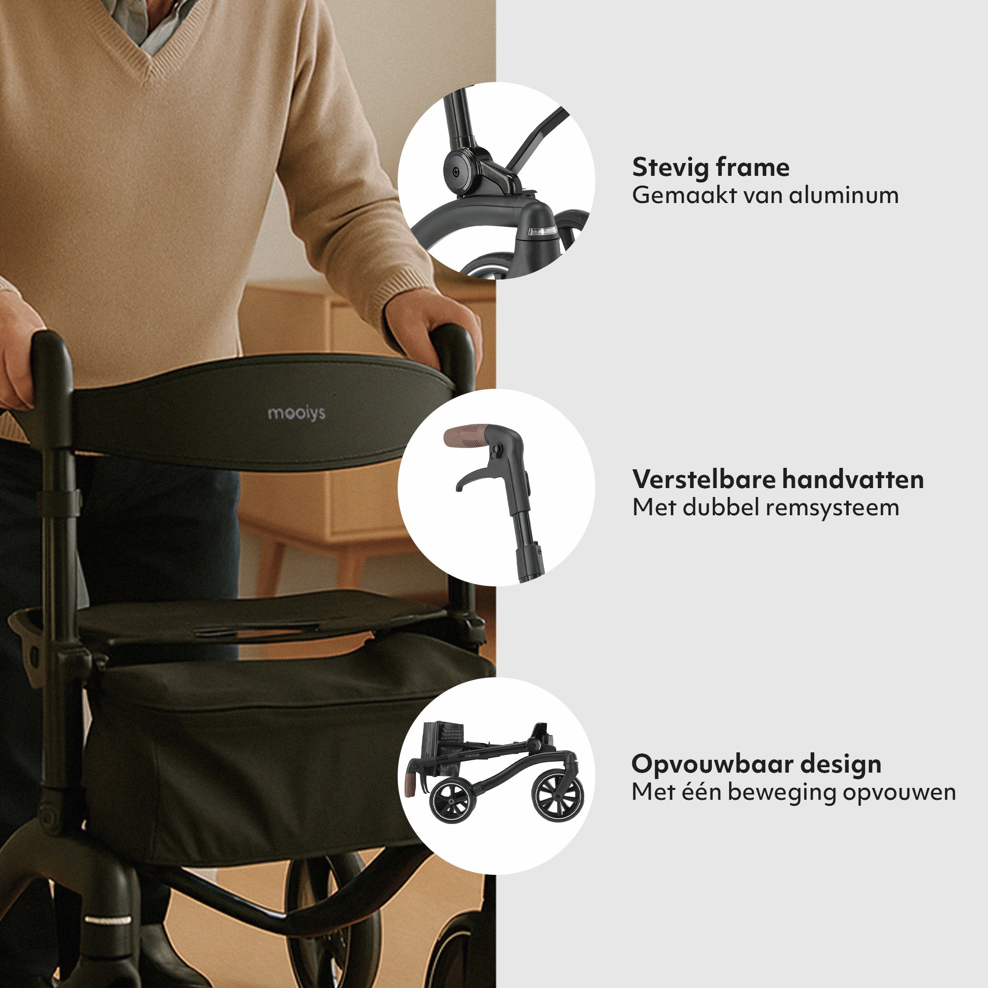 Mooiys Luxe Rollator - opvouwbaar - zitfunctie - Rugleuning inclusief wandelstok en houder - Zwart