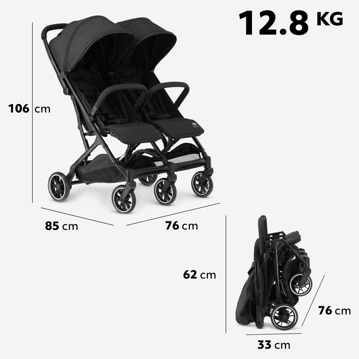 Deryan Luxury Rolo X2 Double Stroller - Duo Stroller - Black