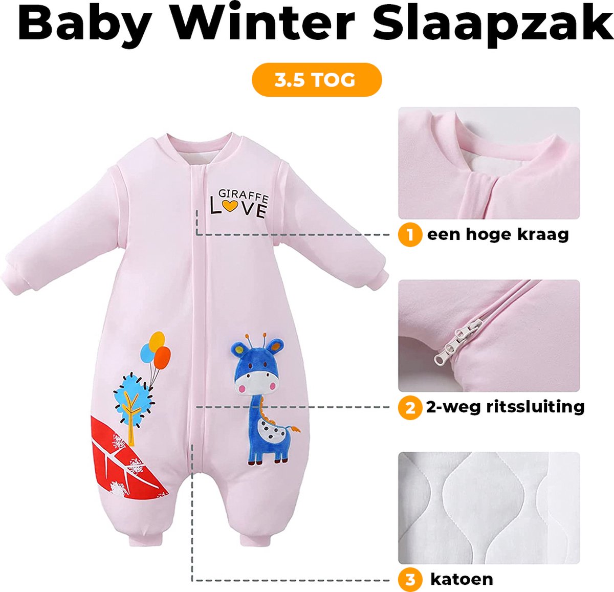 Mooiys Baby Winterslaapzak met Afritsbare Mouw - 75 cm - Roze - Giraf