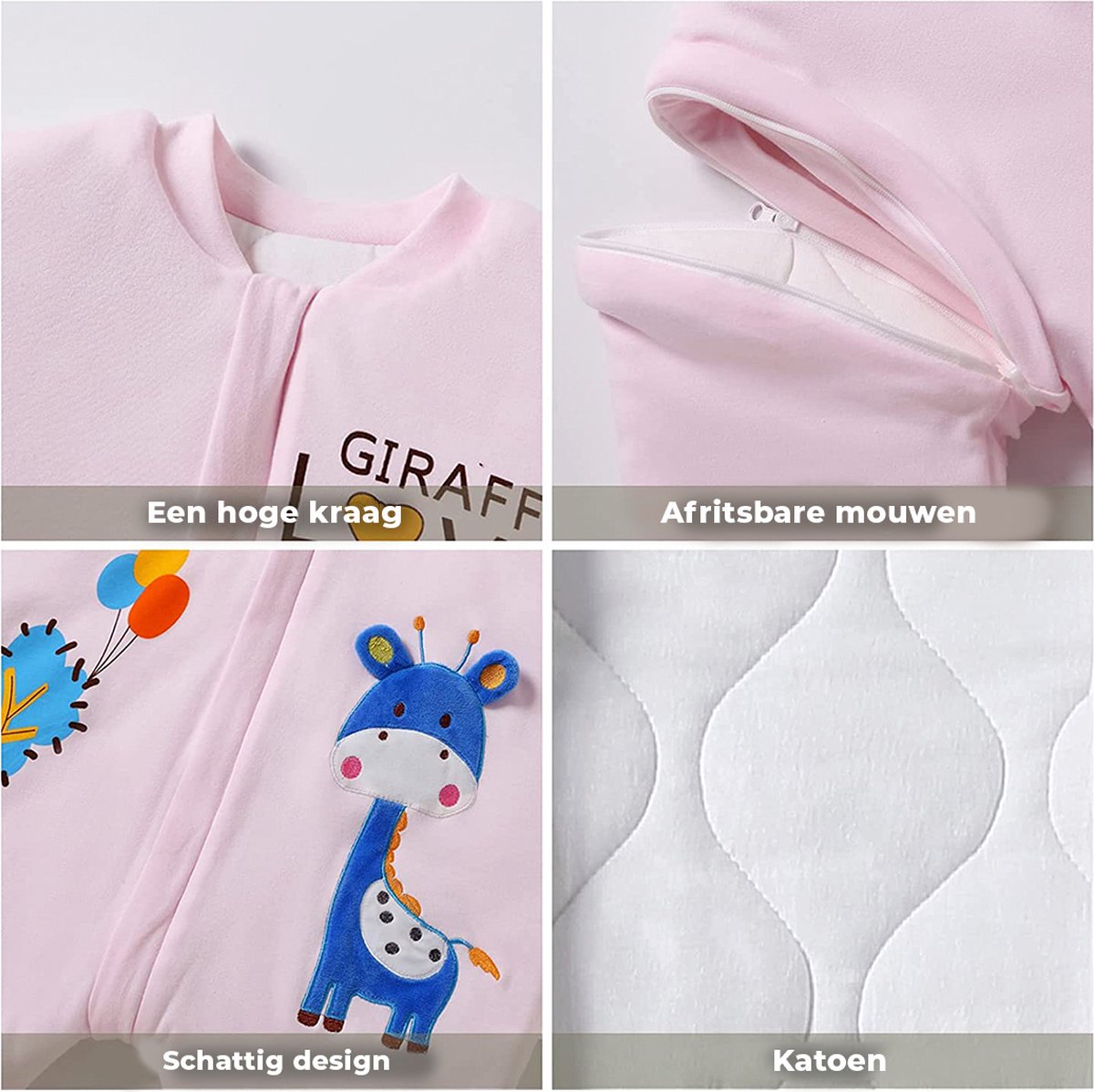 Mooiys Baby Winterslaapzak met Afritsbare Mouw - 75 cm - Roze - Giraf