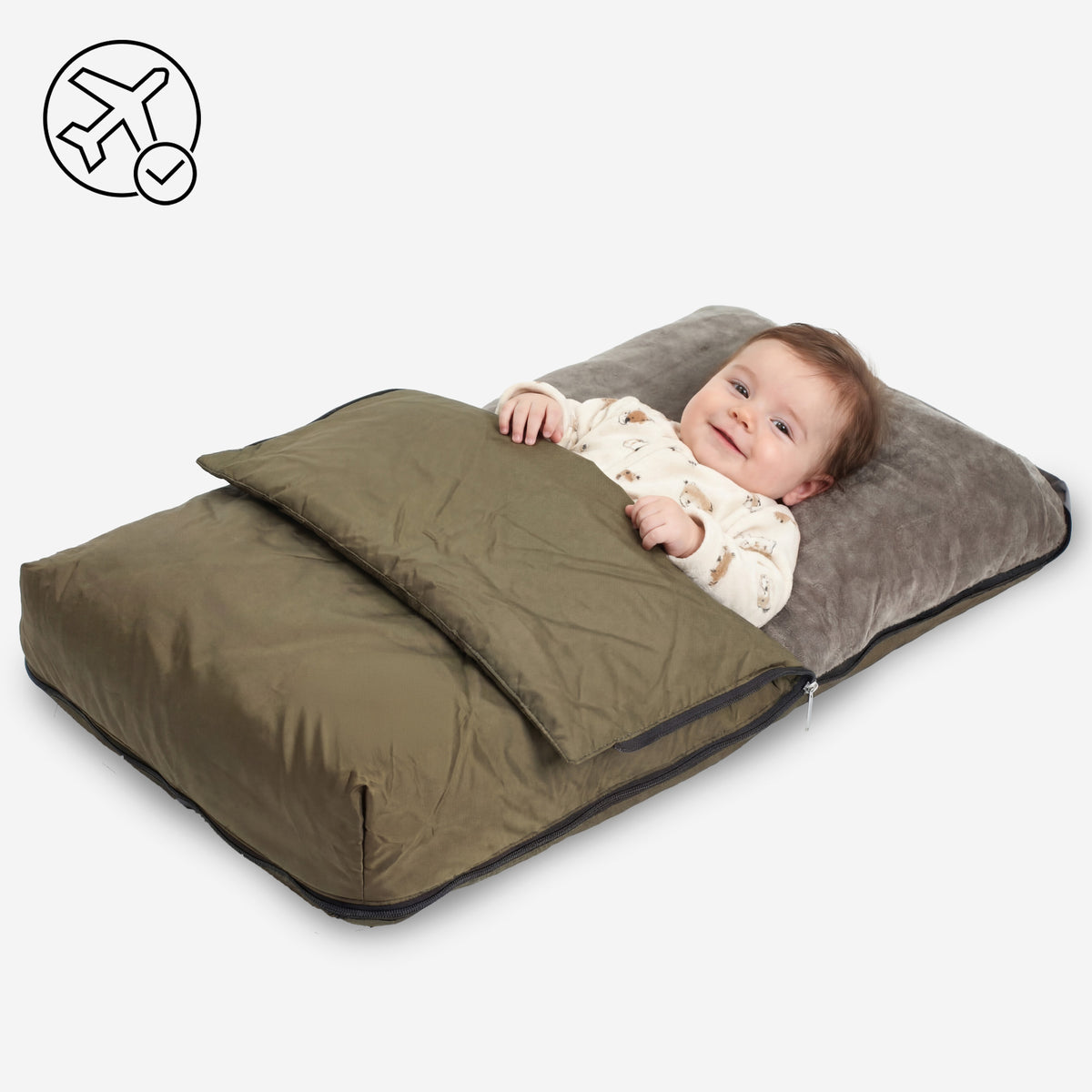 DERYAN AirTraveller Vliegtuigbedje - Reiskussen met matras - compact opgevouwen - Brown