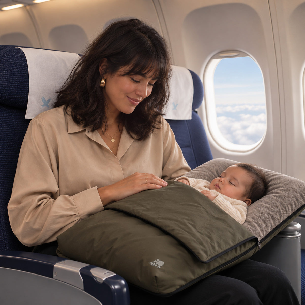 DERYAN AirTraveller Airplane cot - Reisekissen mit Matratze - kompakt gefaltet - Braun