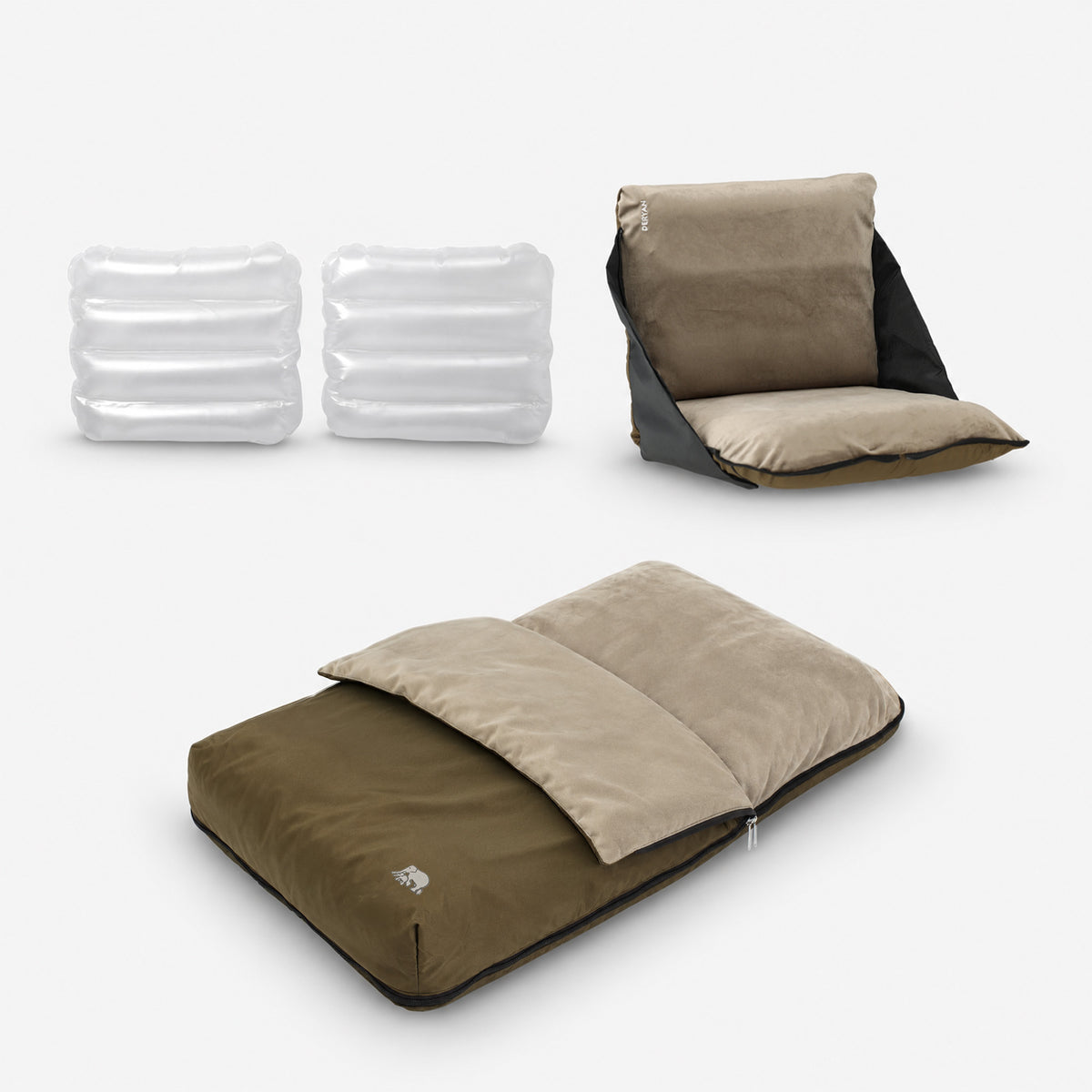 DERYAN AirTraveller Vliegtuigbedje - Reiskussen met matras - compact opgevouwen - Brown