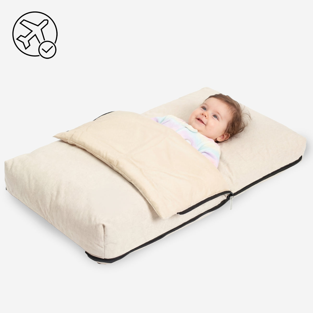 DERYAN AirTraveller Vliegtuigbedje - Reiskussen met matras - compact opgevouwen - Cream