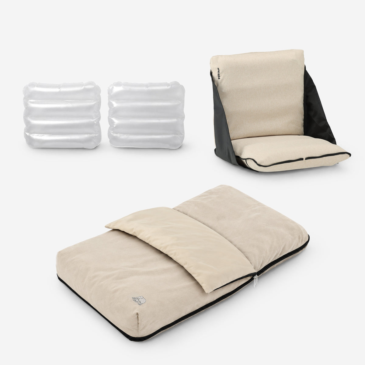 DERYAN AirTraveller Vliegtuigbedje - Reiskussen met matras - compact opgevouwen - Cream