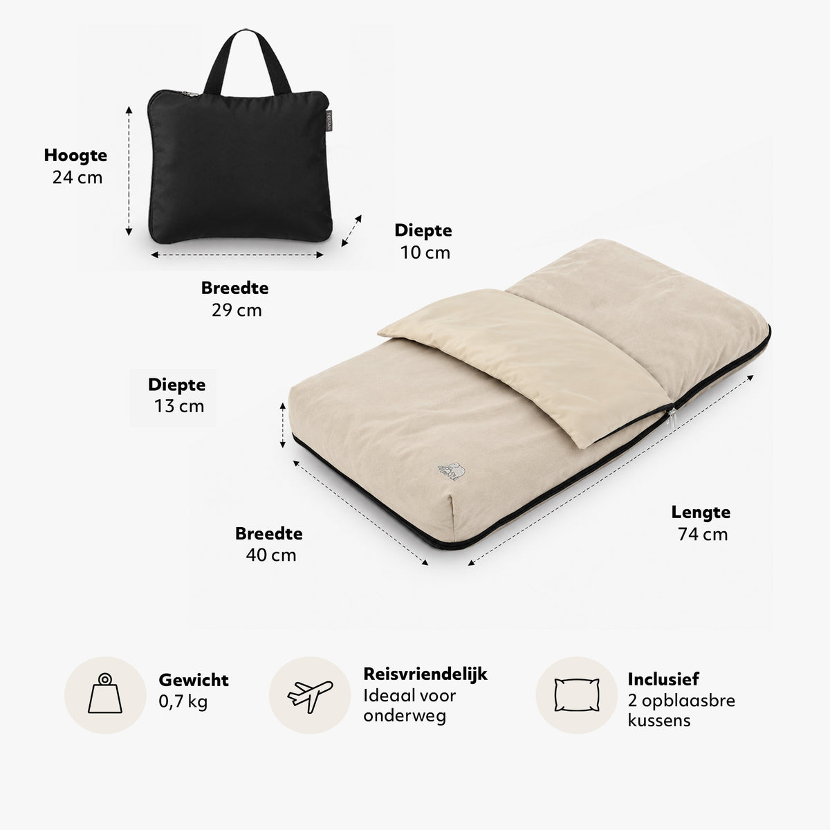 DERYAN AirTraveller Vliegtuigbedje - Reiskussen met matras - compact opgevouwen - Cream